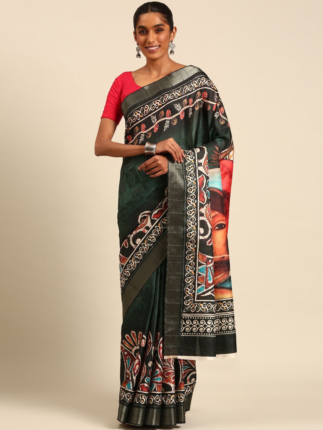 

Ishin Floral Printed Zari Saree, Green