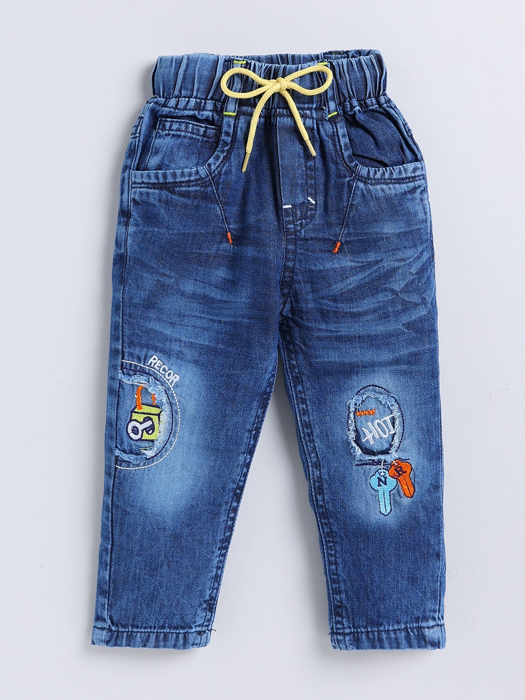 

Here&Now X Denikid Boys Pure Cotton Low Distress Heavy Fade Embroidered Jeans, Blue