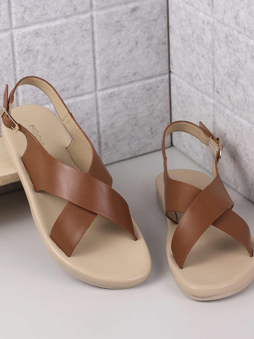 

Mochi Women Open Toe Cross Strap Buckle Flats, Tan