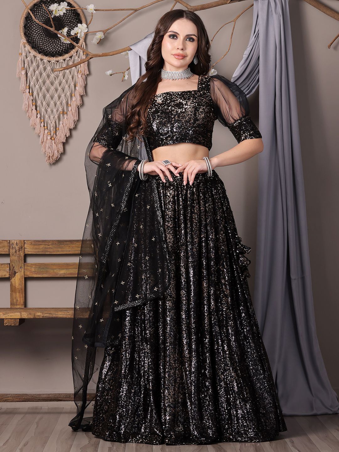 

Ethnovog Embellished Sequinned Semi-Stitched Lehenga & Blouse With Dupatta, Black