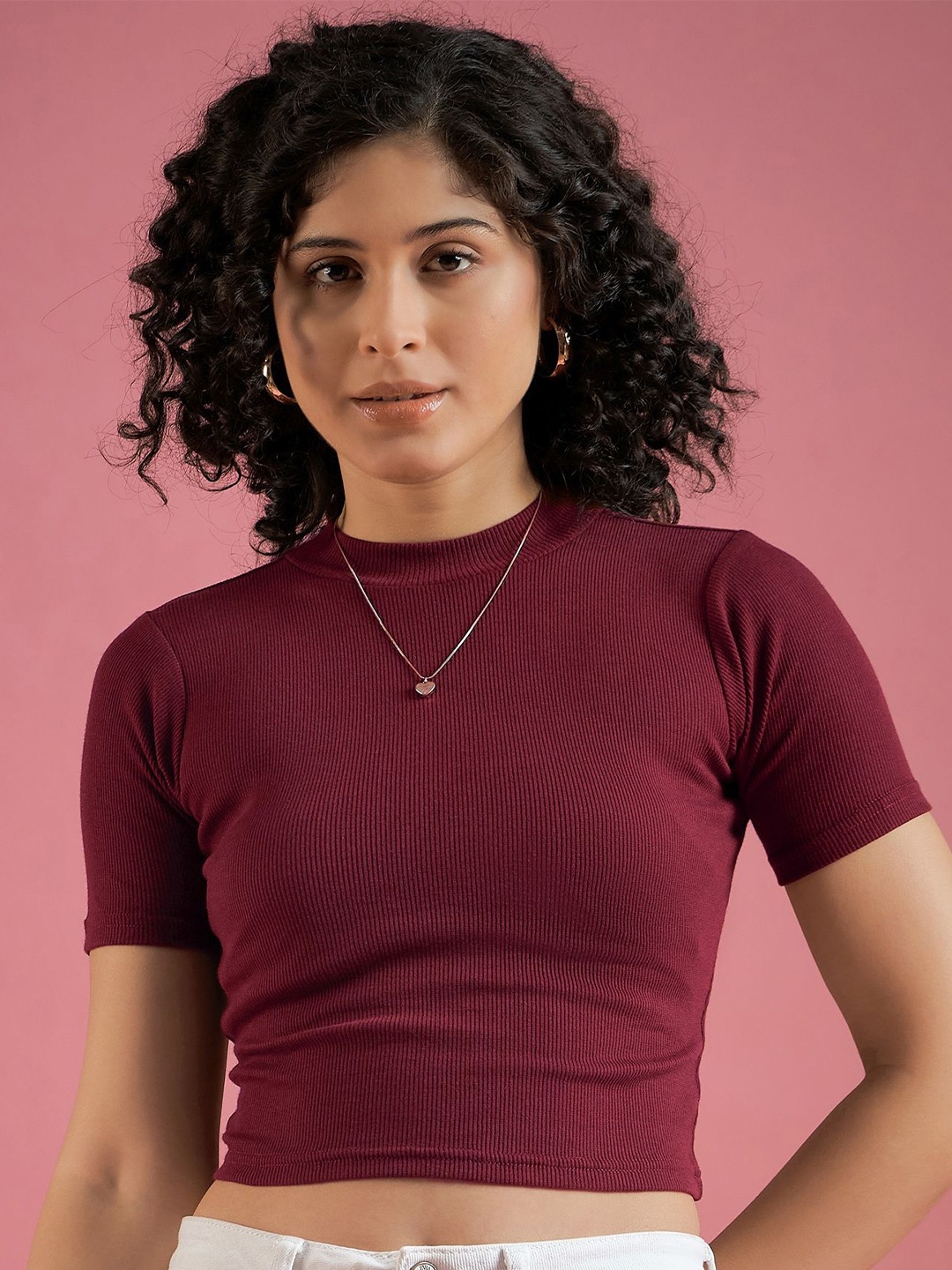 

DressBerry Women Solid Round Neck Pure Cotton Top, Maroon