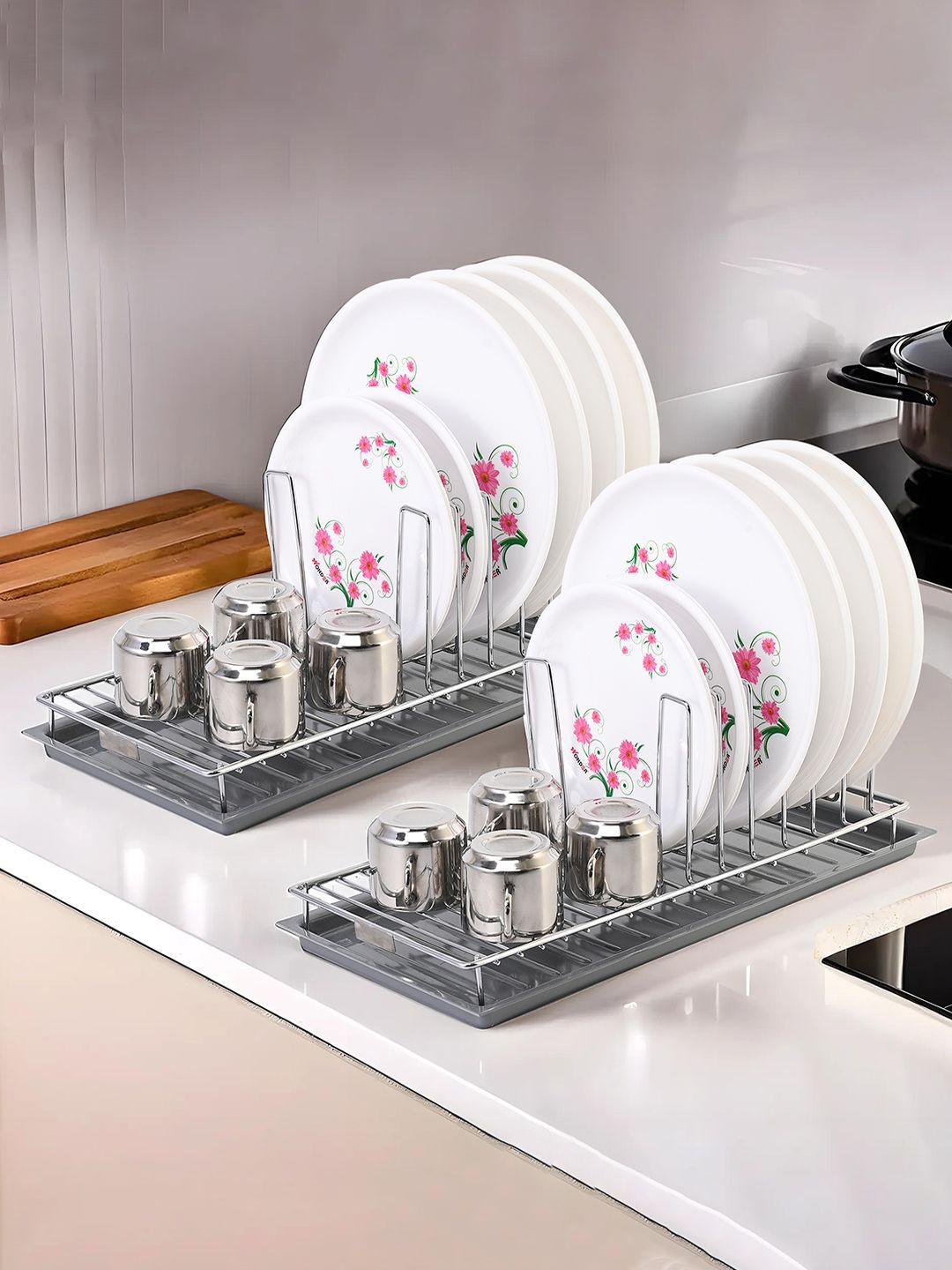 

Kuber Industries Silver Toned 2 Pieces Stainless Steel Stand With Draining Tray Dish Rack