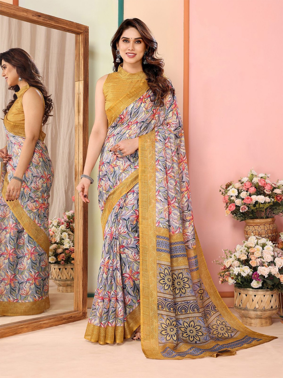 

ODETTE Printed Floral Cotton Blend Saree, Grey