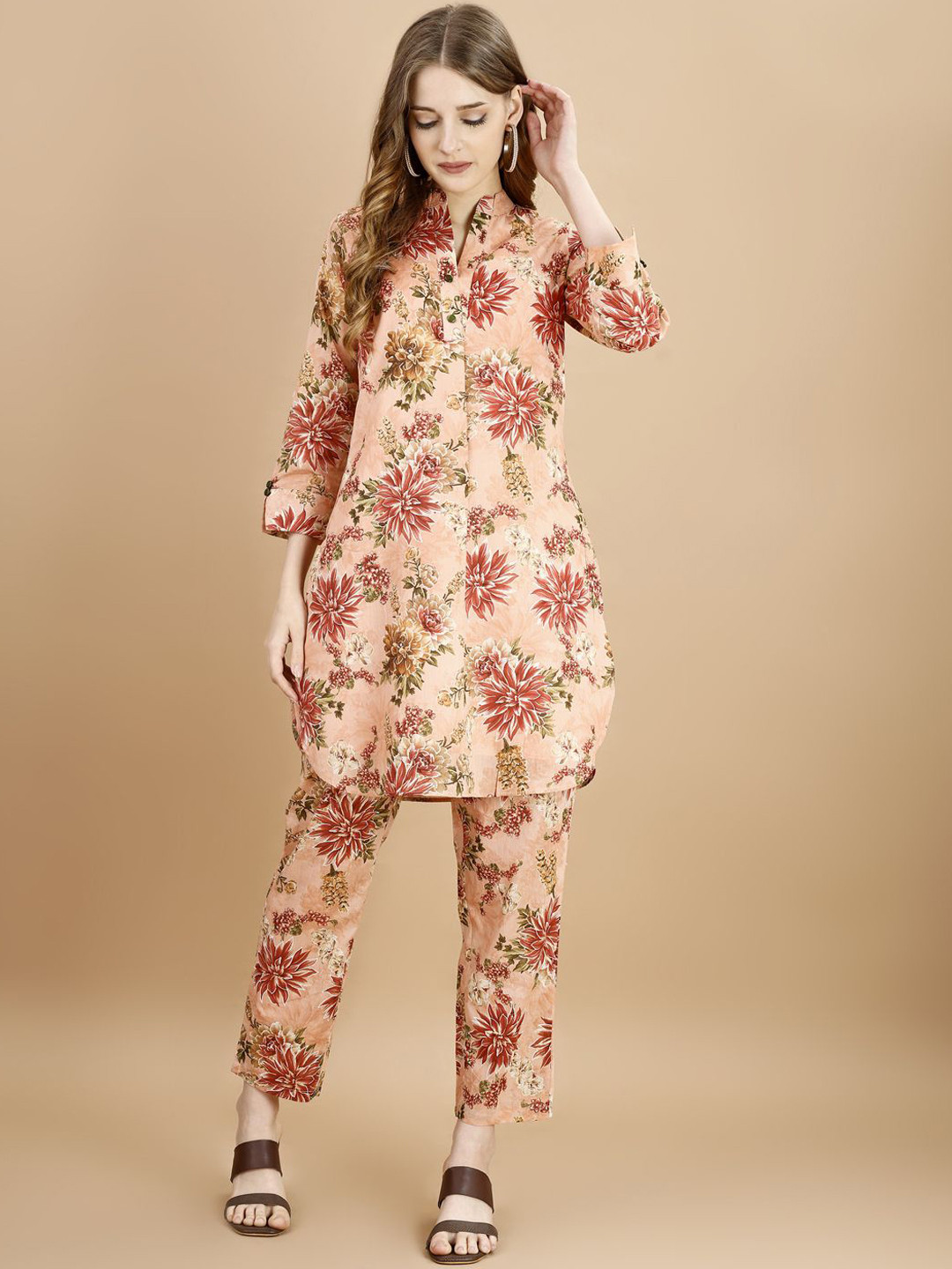 

Tikhi Imli Floral Printed Pure Cotton Tunic With Trouser, Peach