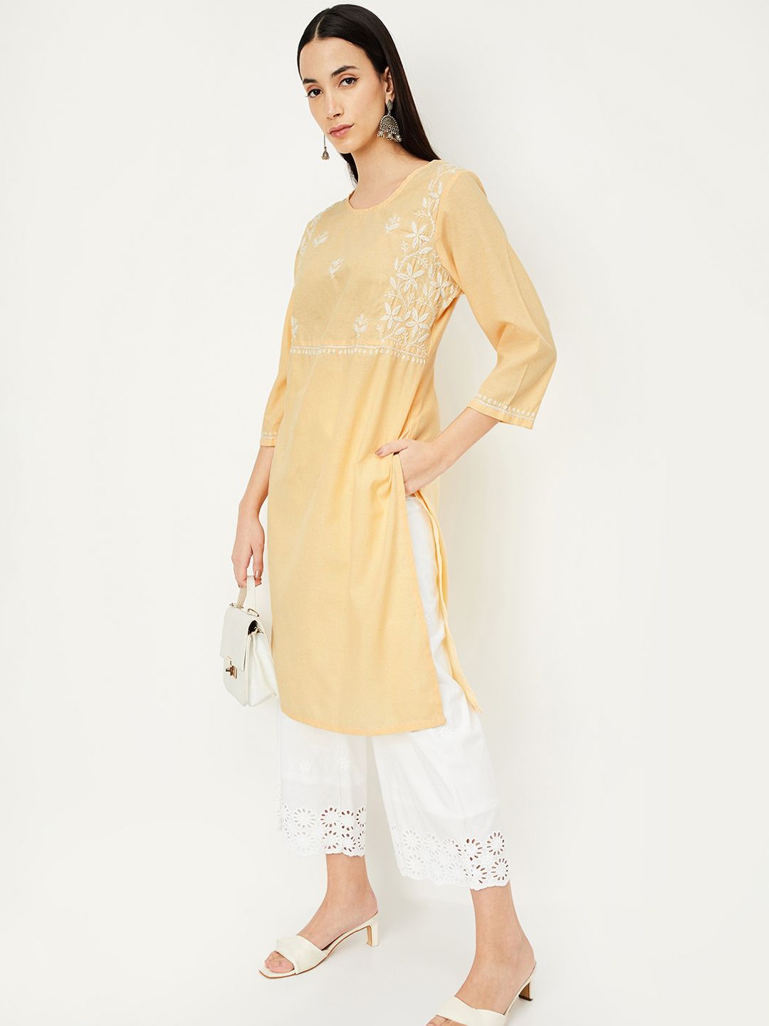 

max Floral Yoke Design Thread Work Cotton Straight Kurta, Yellow