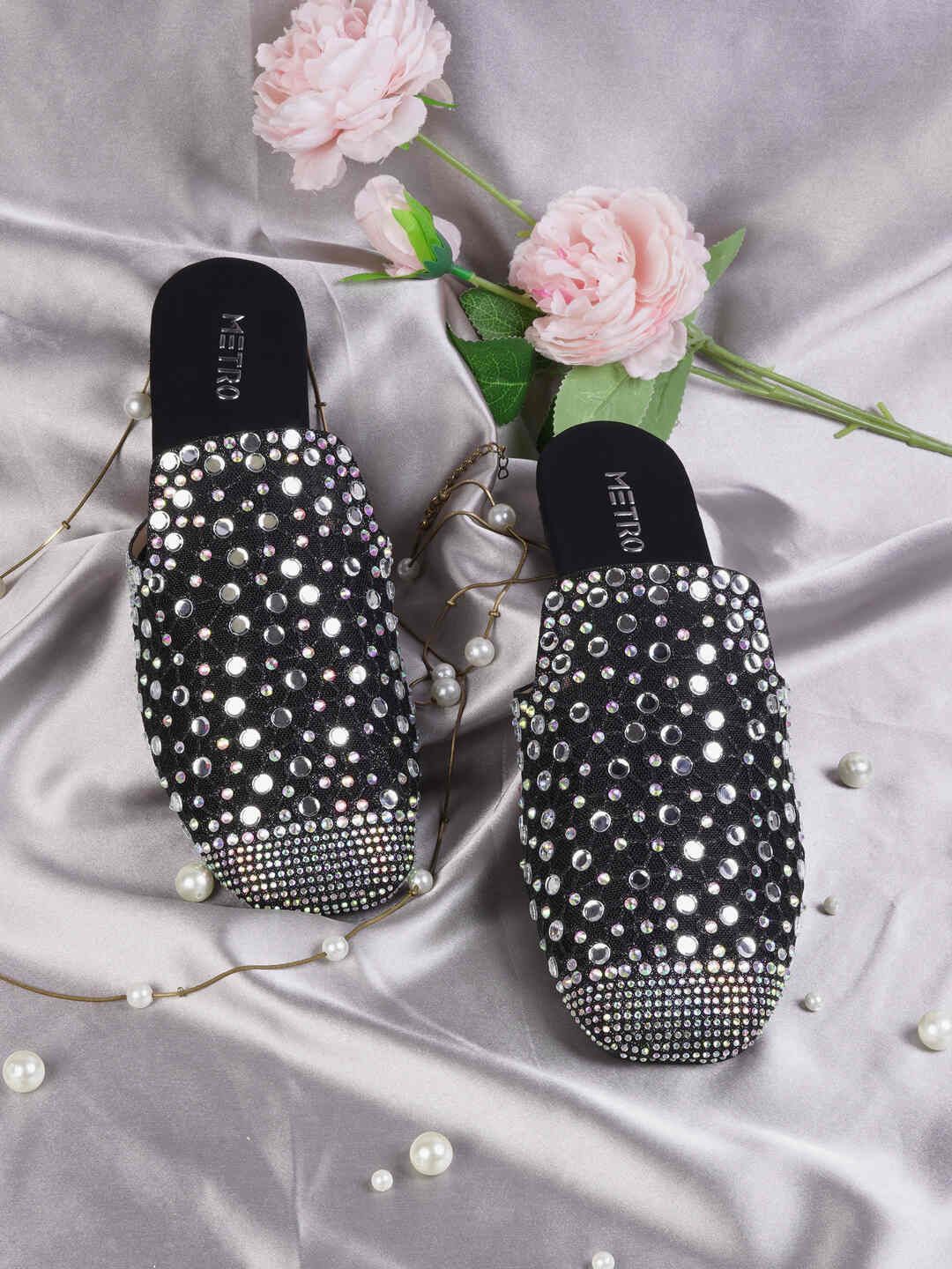 

Metro Women Embellished Mules Flats, Black