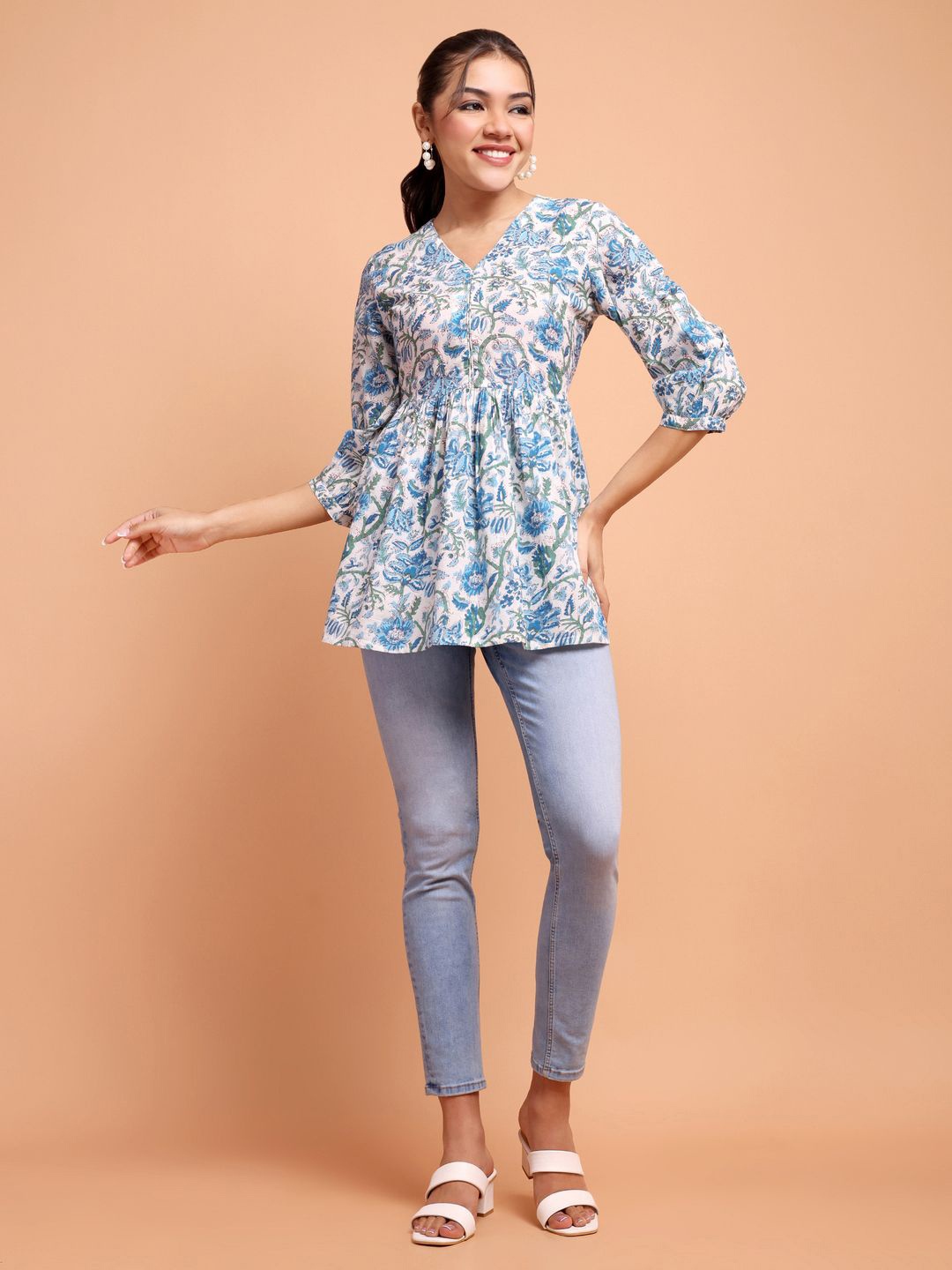 

ALANKARI Women Floral Printed V-Neck Pure Cotton Empire Kurti, Blue