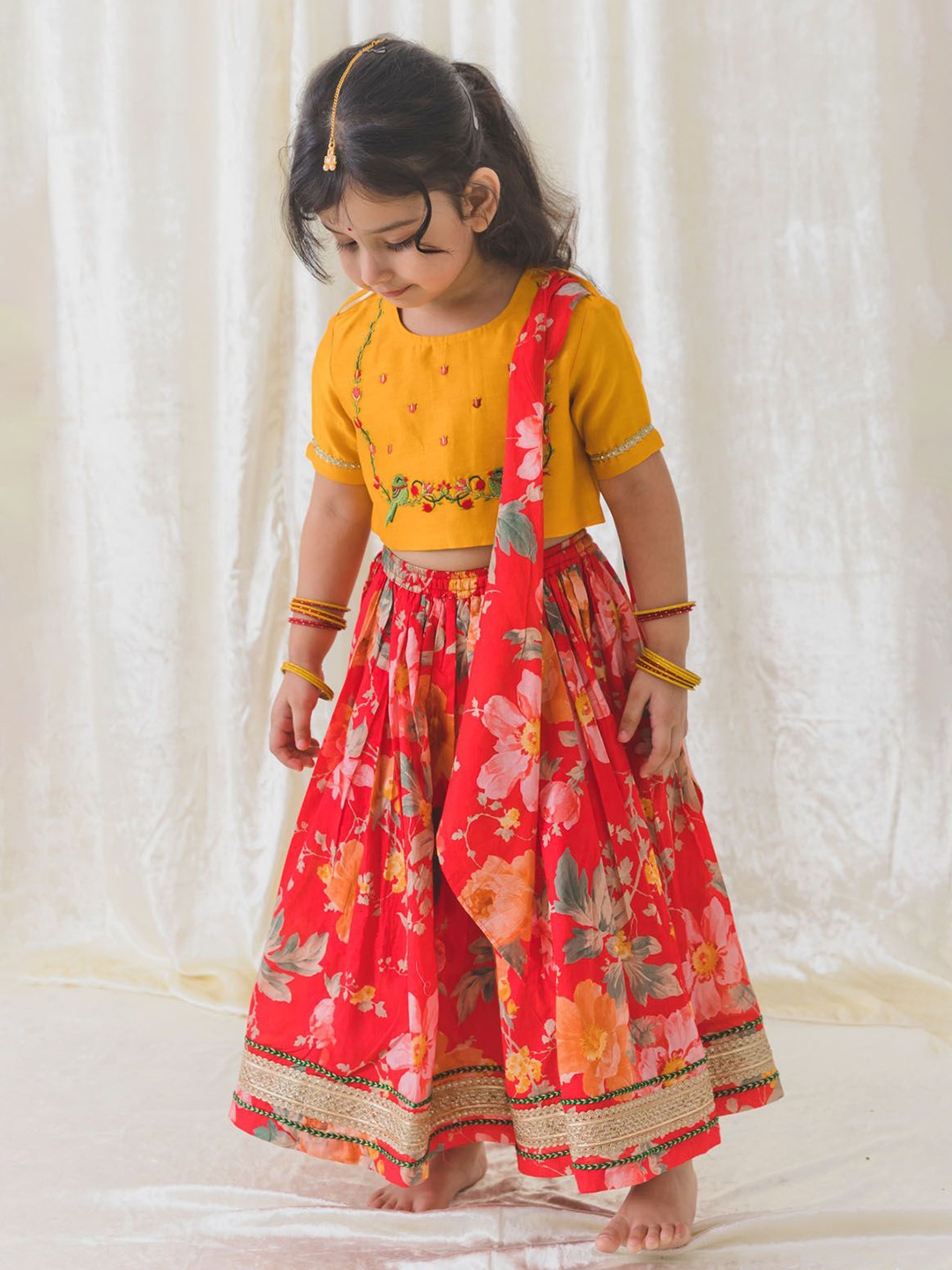 

Tiber Taber Girls Embroidered Pure Cotton Ready to Wear Lehenga & Blouse With Dupatta, Red