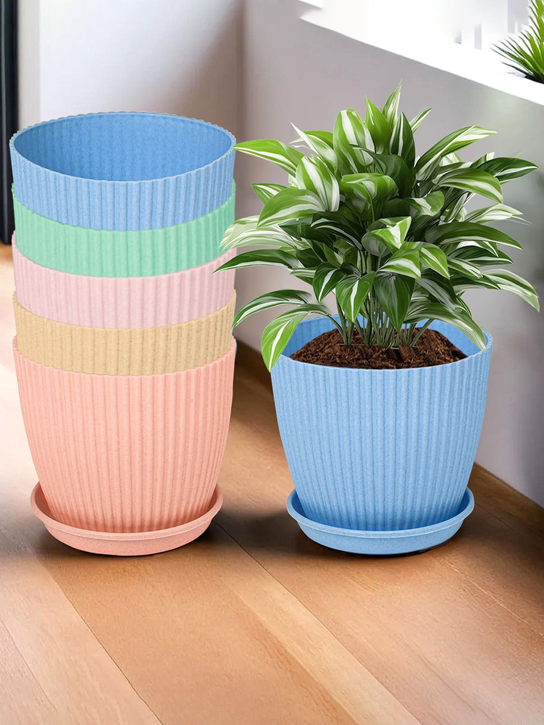 

Kuber Industries Blue & Pink 6 Pieces Textured Durable Planters