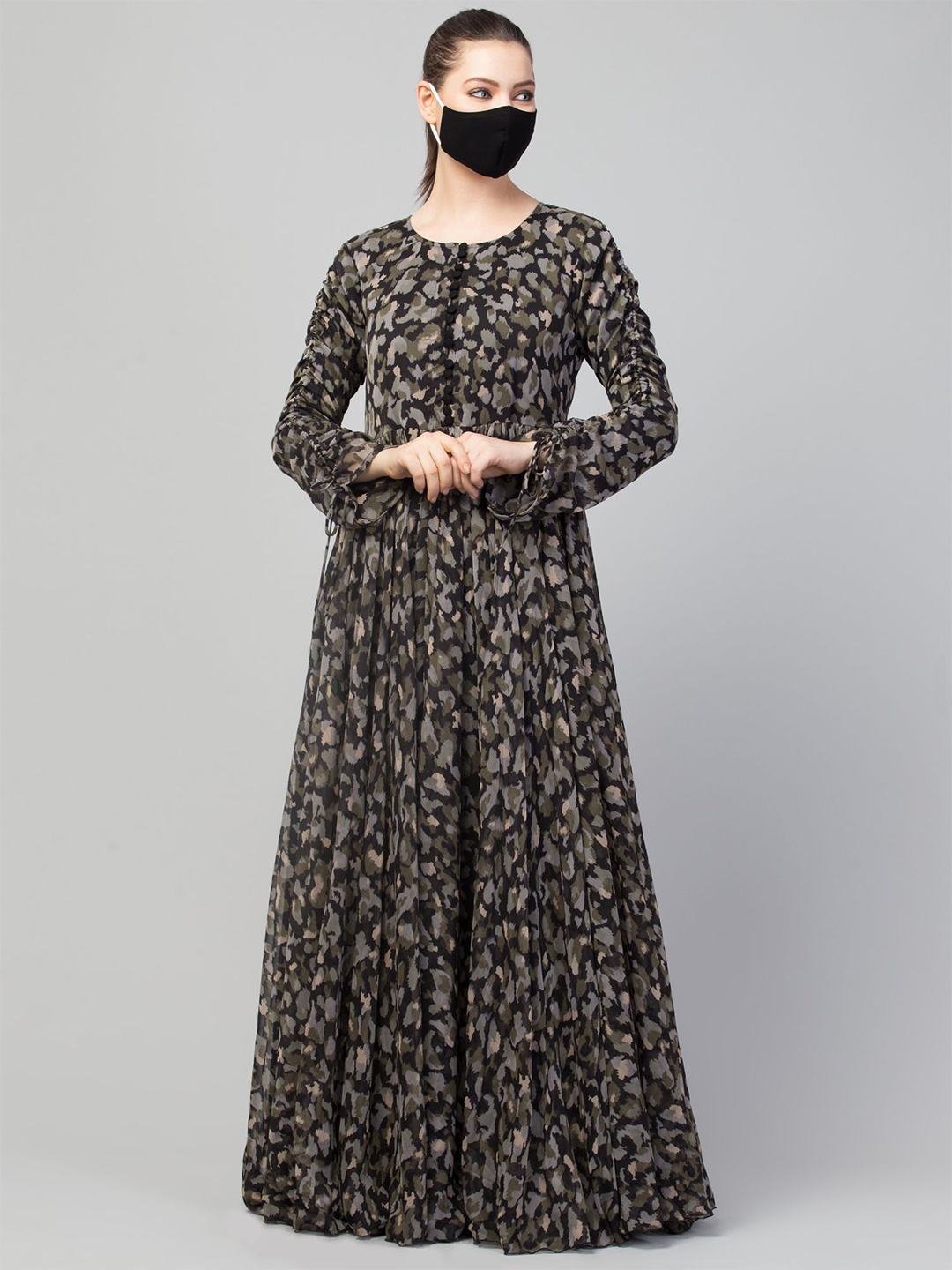 

MUSHKIYA Camouflage Printed Chiffon Maxi Dress, Green