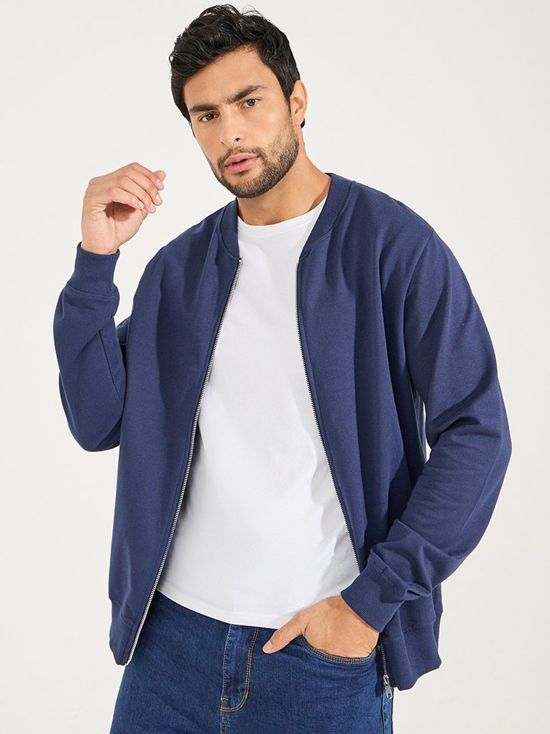 

Styli Stand Collar Long Sleeves Relaxed Bomber Jacket, Navy blue