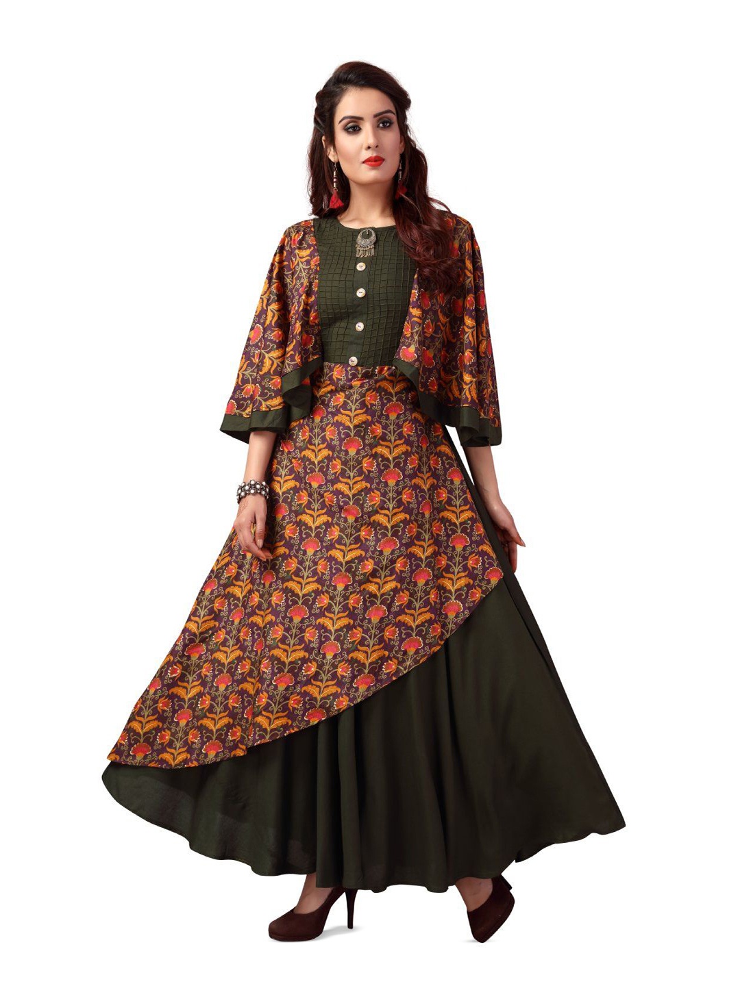 

MADHURAM Printed Anarkali Ethnic Dress, Olive