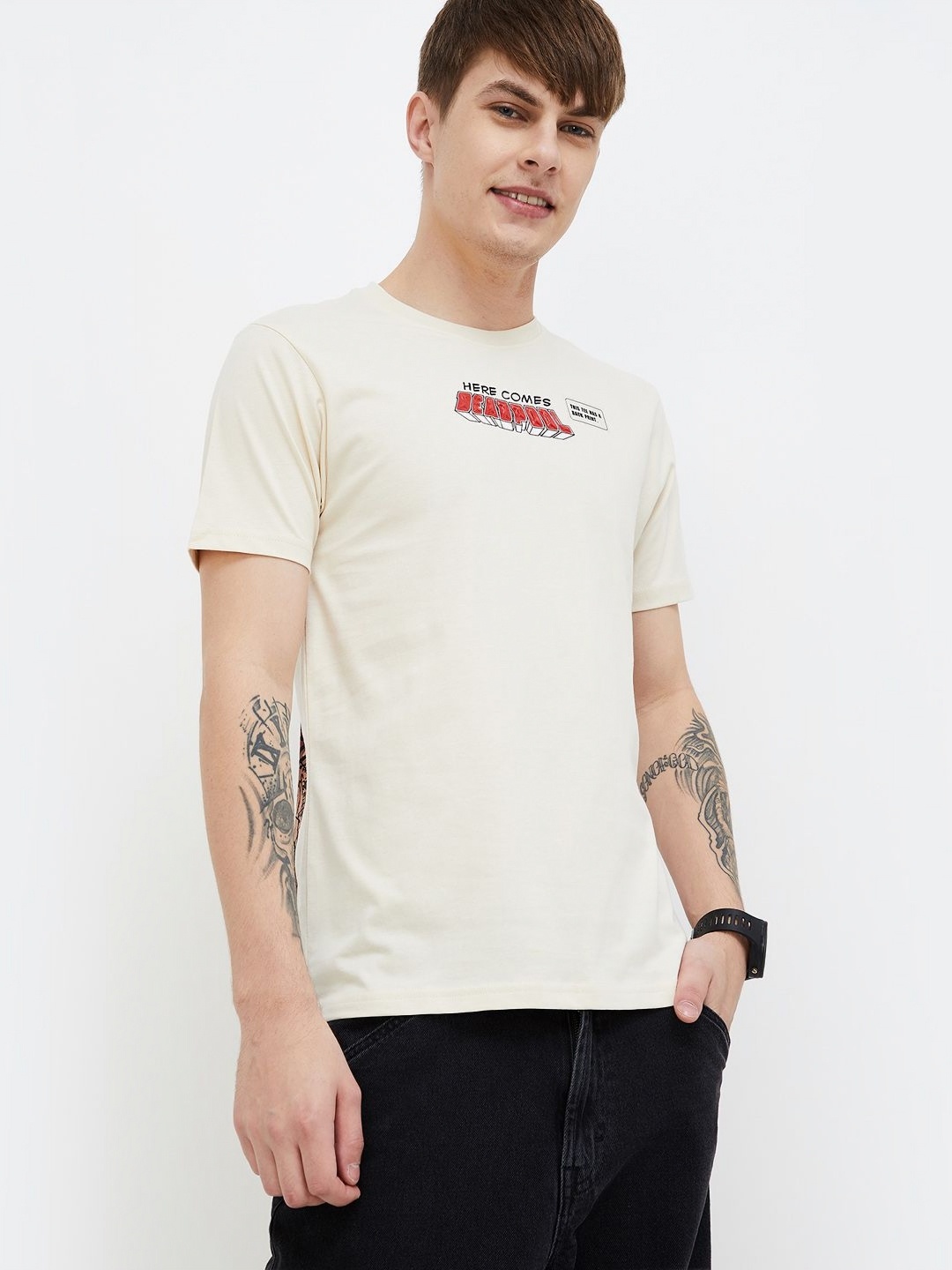 

Fame Forever by Lifestyle Men Deadpool Printed Round Neck Cotton Tshirt, Beige