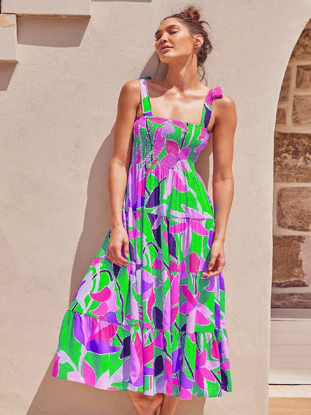

StyleCast Floral Print Shoulder Straps Georgette A-Line Dress, Green
