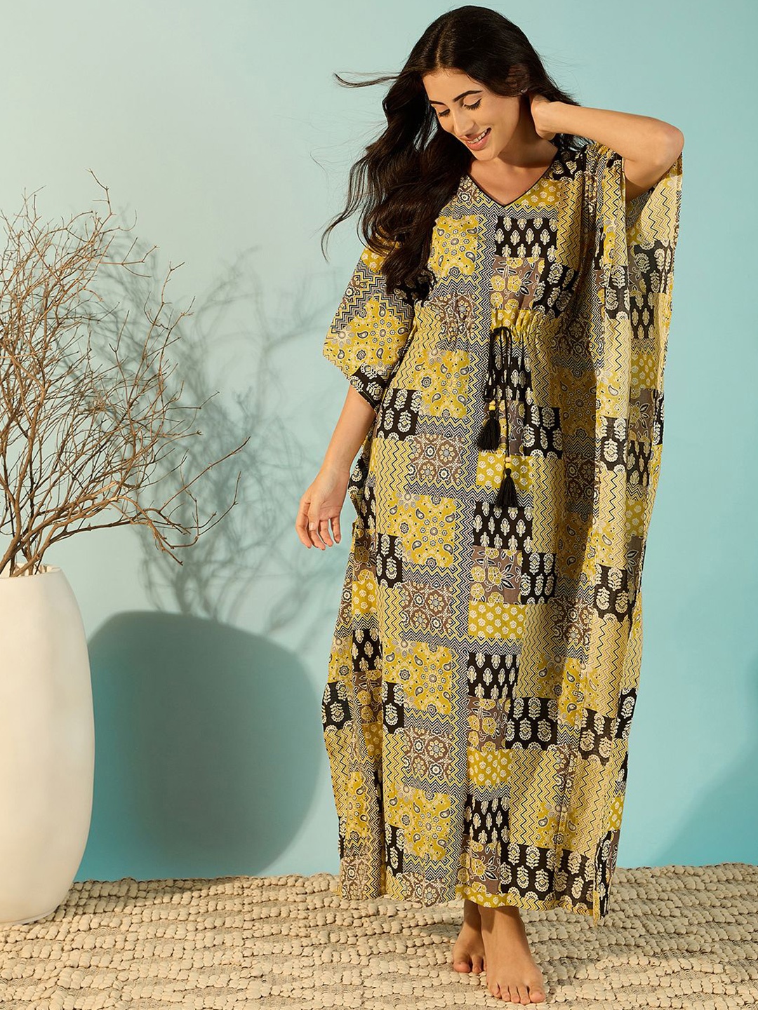 

The Kaftan Company Printed Maxi Nightdress, Yellow