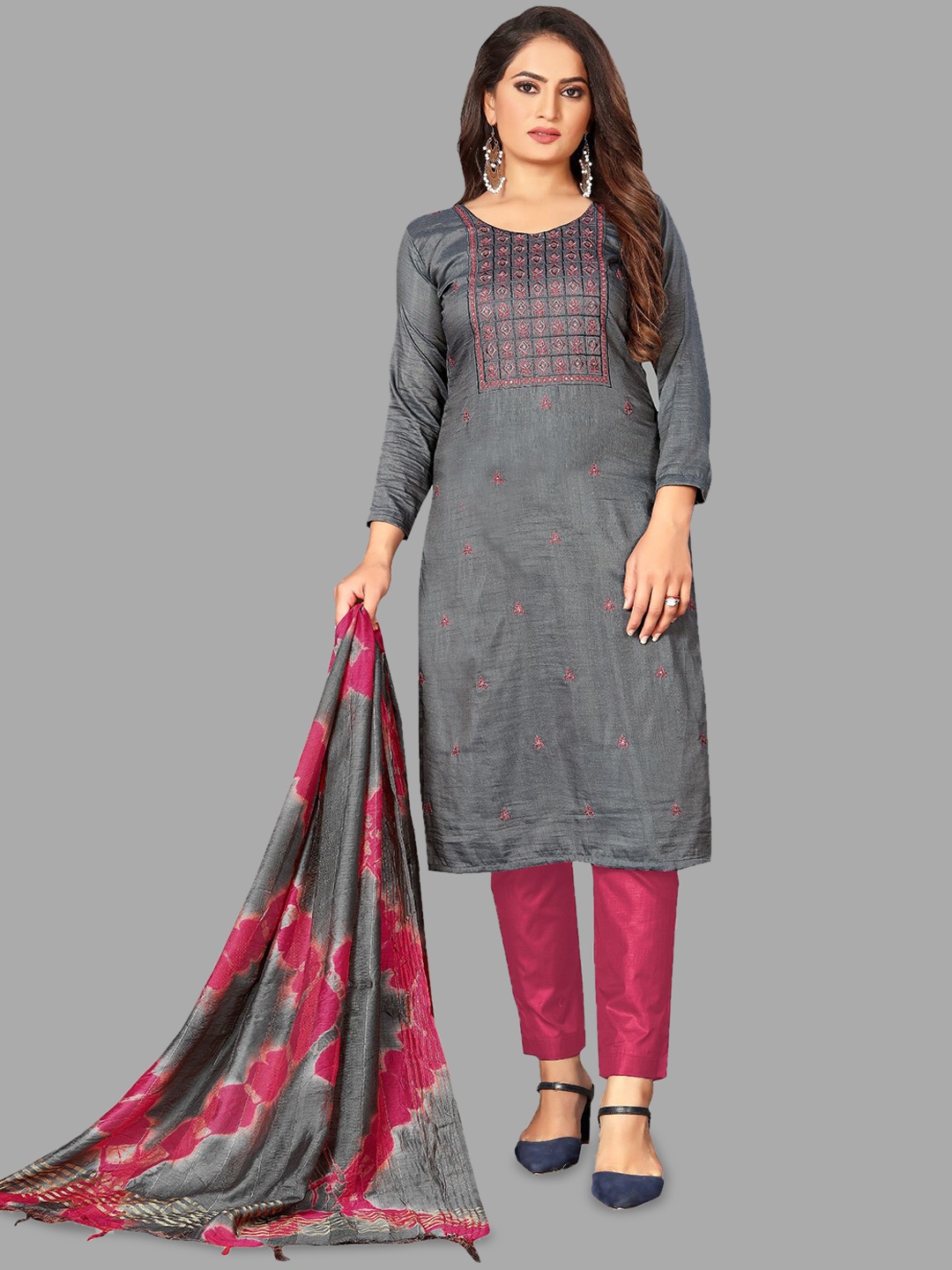 

JULEE Floral Embroidered Unstitched Dress Material, Grey