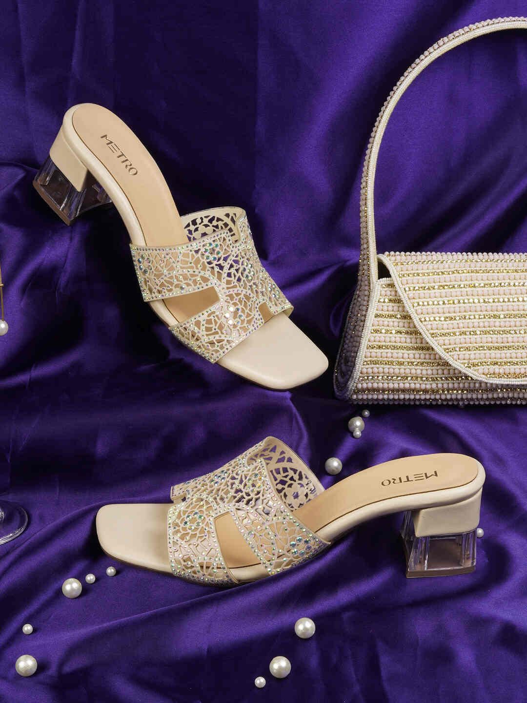 

Metro Women Block Heel Sandals with Laser Cuts, Gold