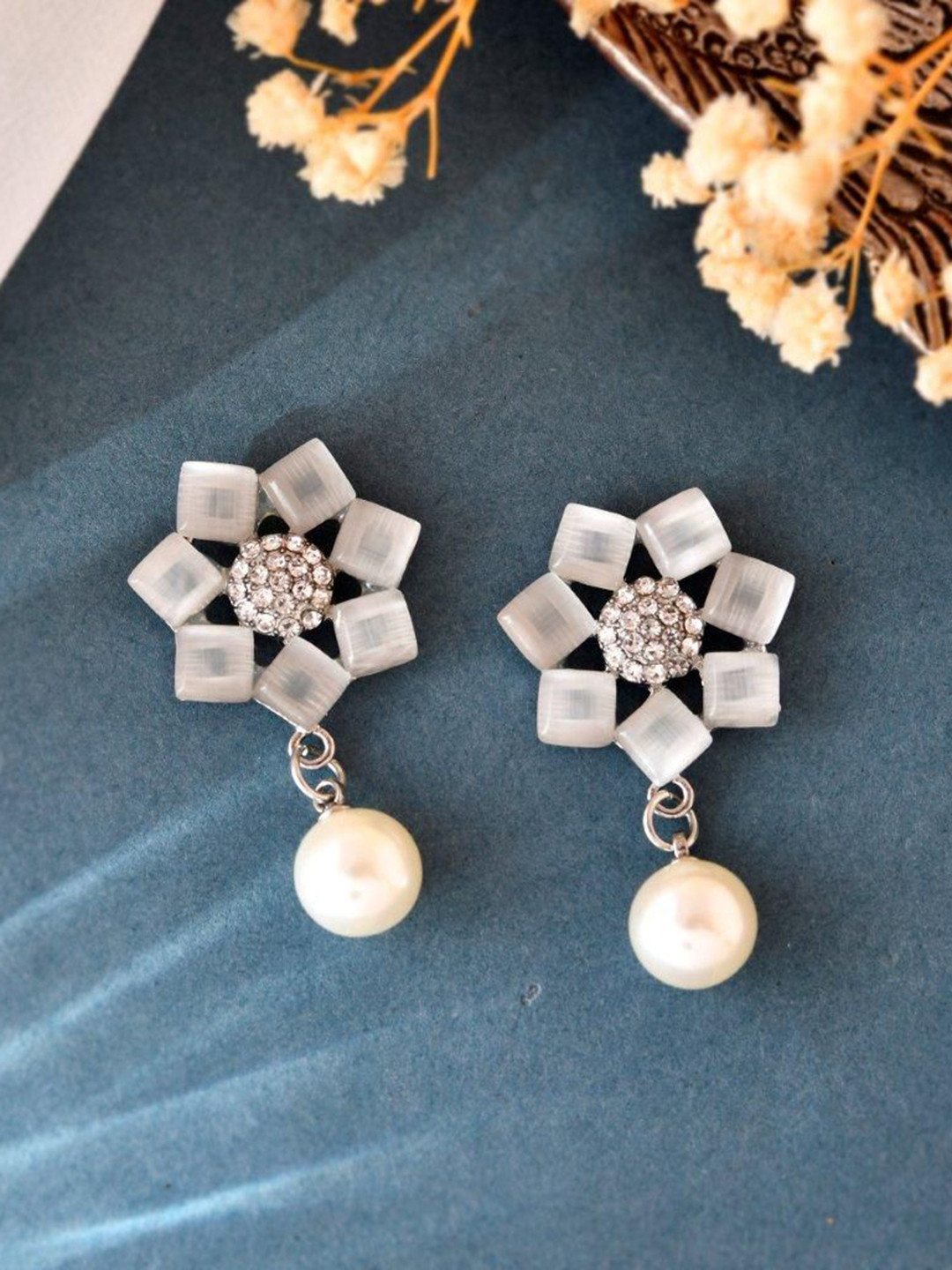 

VOJ Stainless Steel Silver Plated Floral Stones Studded & Beaded Drop Earrings