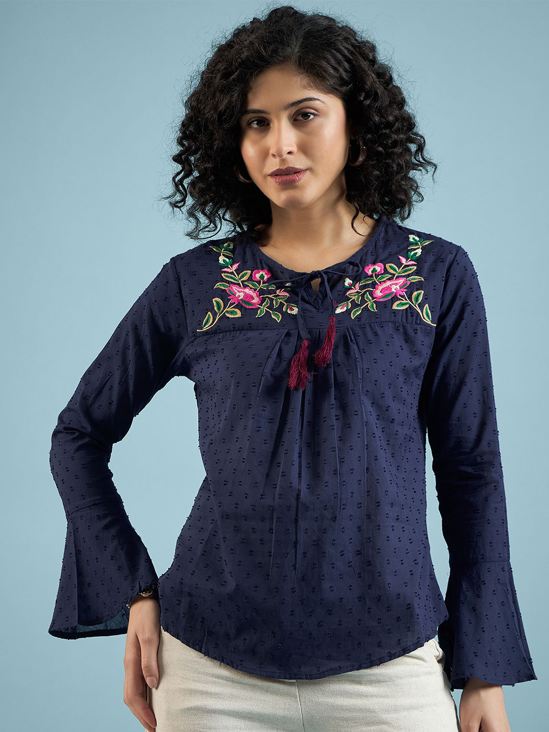 

DressBerry Women Self Design Round Neck Viscose Rayon Top, Navy blue