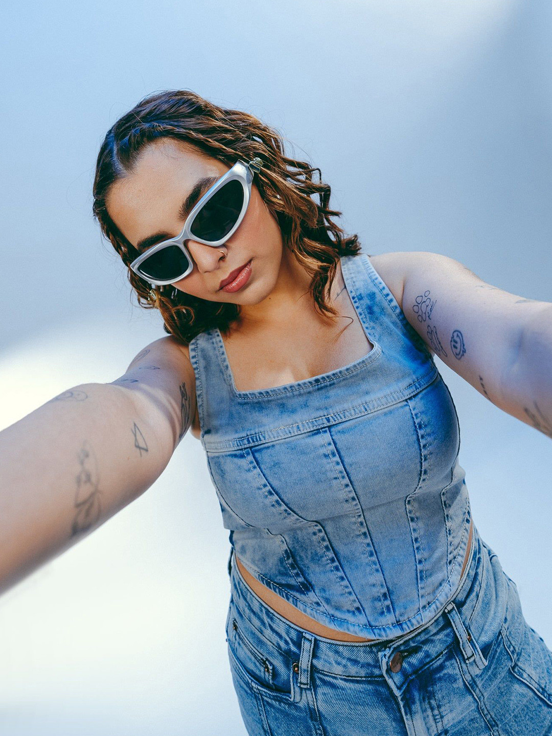 

FREAKINS Solid Dyed Denim Crop Top, Blue
