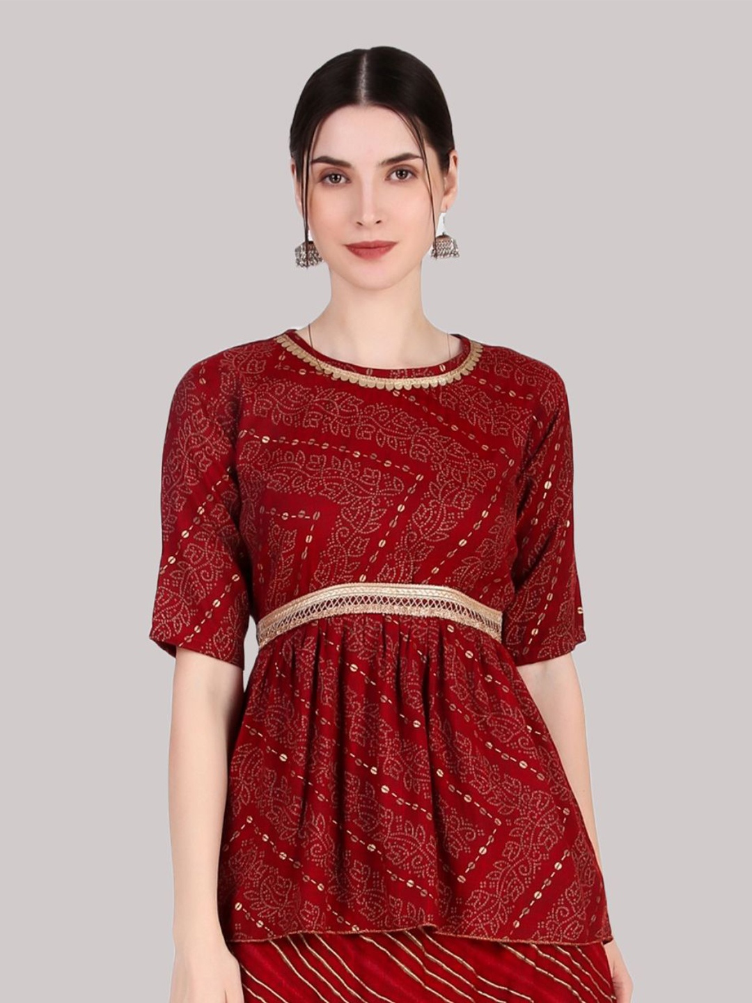 

FNOCKS Women Ethnic Printed Round Neck Cotton Top, Maroon