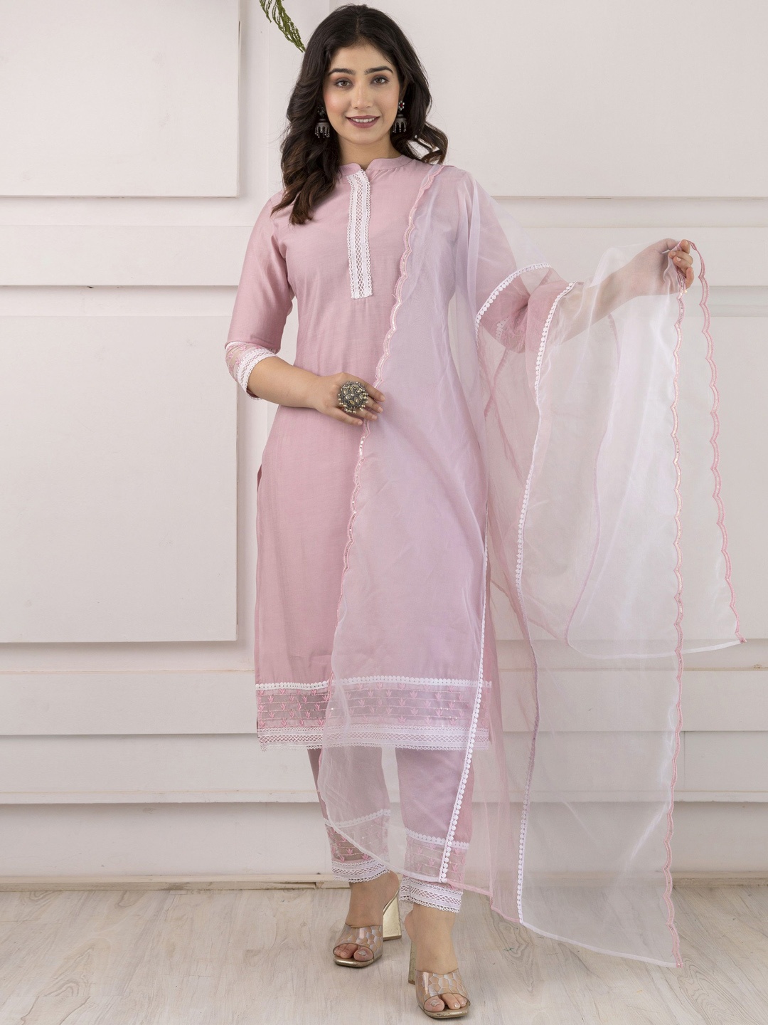 

Charu Floral Embroidered Mandarin Collar Straight Kurta with Trousers & Dupatta, Pink