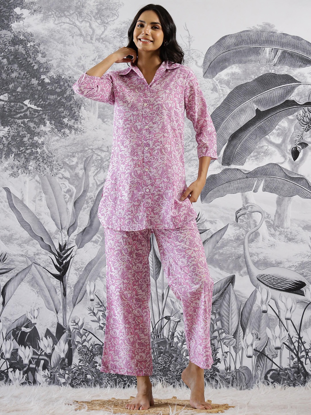 

FLAVIA CREATION Printed Pure Cotton Night Suit, Pink
