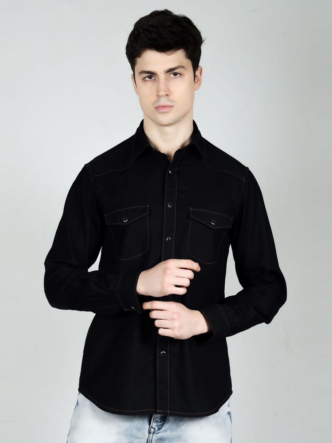 

OZMOD Men Modern Spread Collar Solid Cotton Slim Fit Casual Shirt, Black