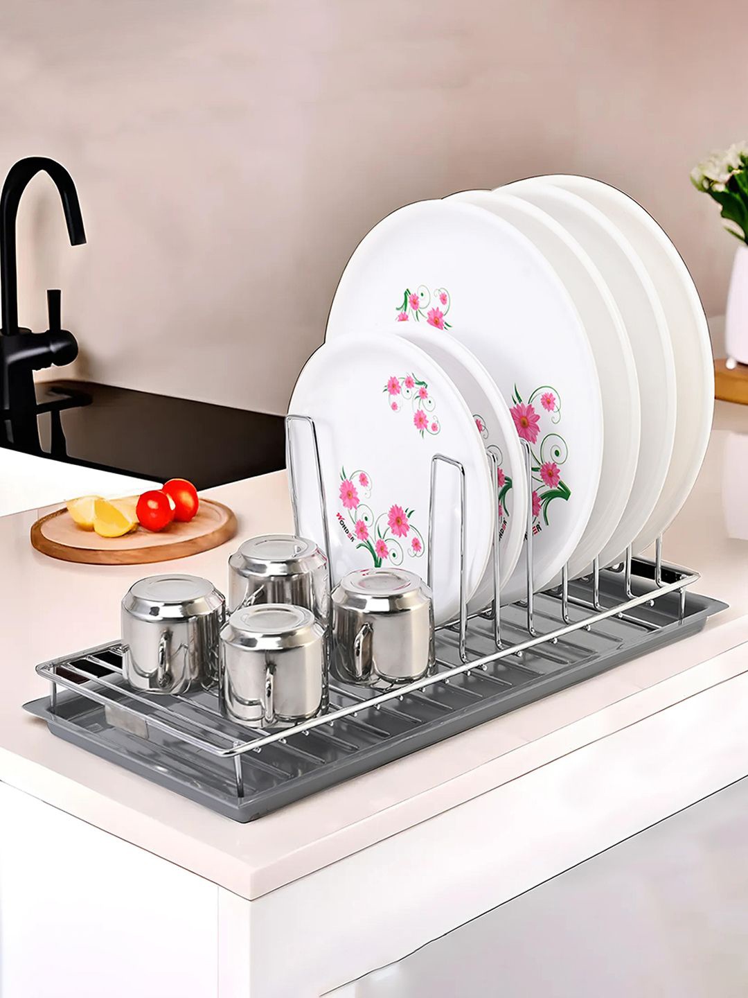 

Kuber Industries Grey Stainless Steel Stand With Draining Tray Dish Rack