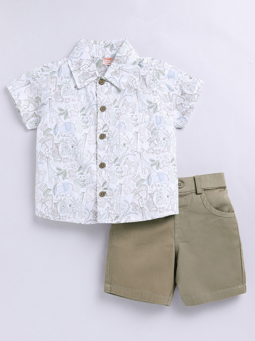 

SNUGGLY MONKEY Boys Animal Printed Shirt Collar Pure Cotton Top with Shorts Set, White