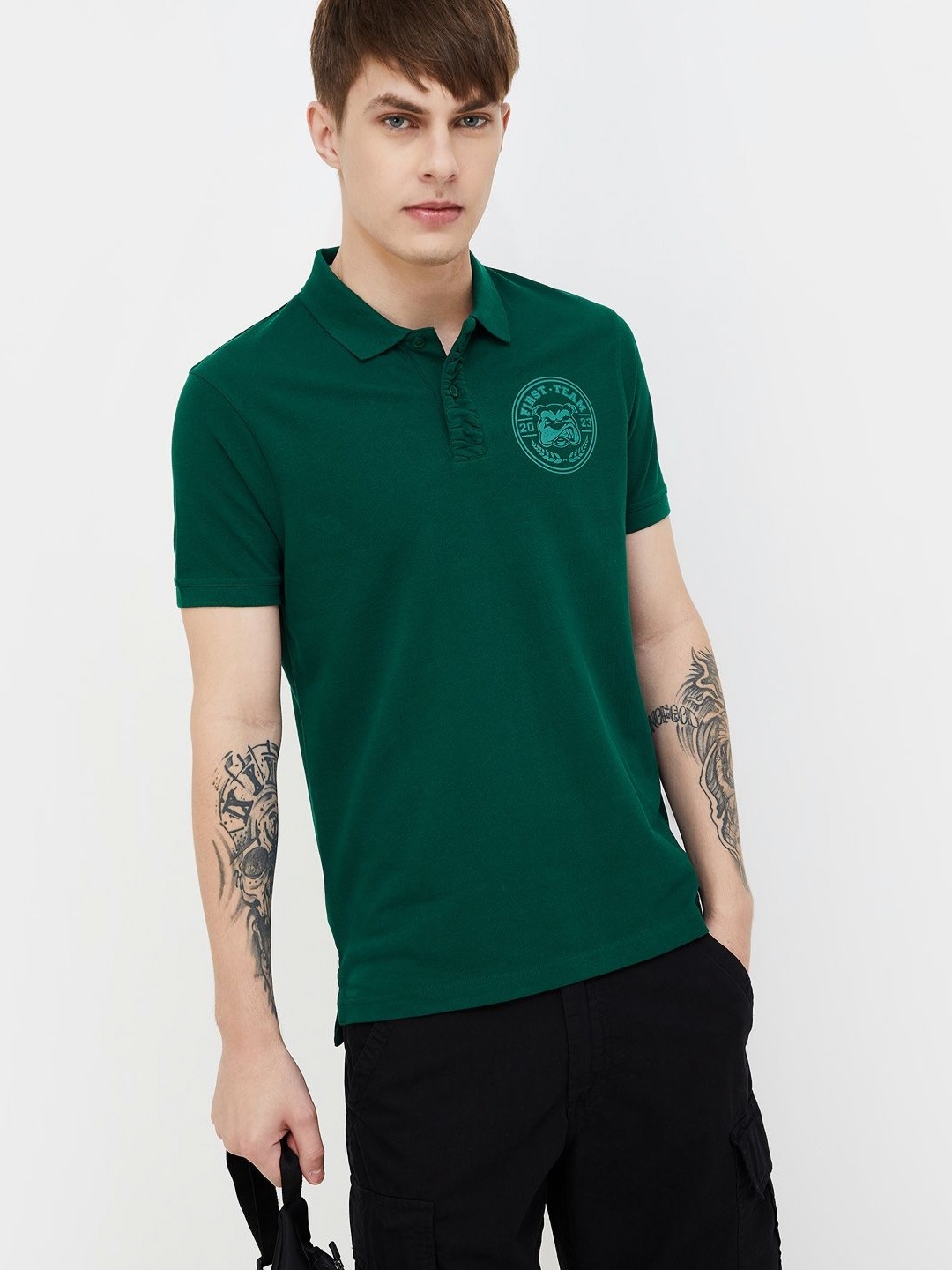 

Fame Forever by Lifestyle Men Printed Polo Collar Cotton Tshirt, Green