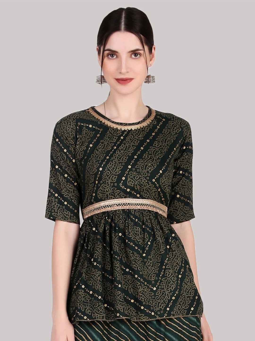

FNOCKS Women Ethnic Printed Round Neck Cotton Top, Green