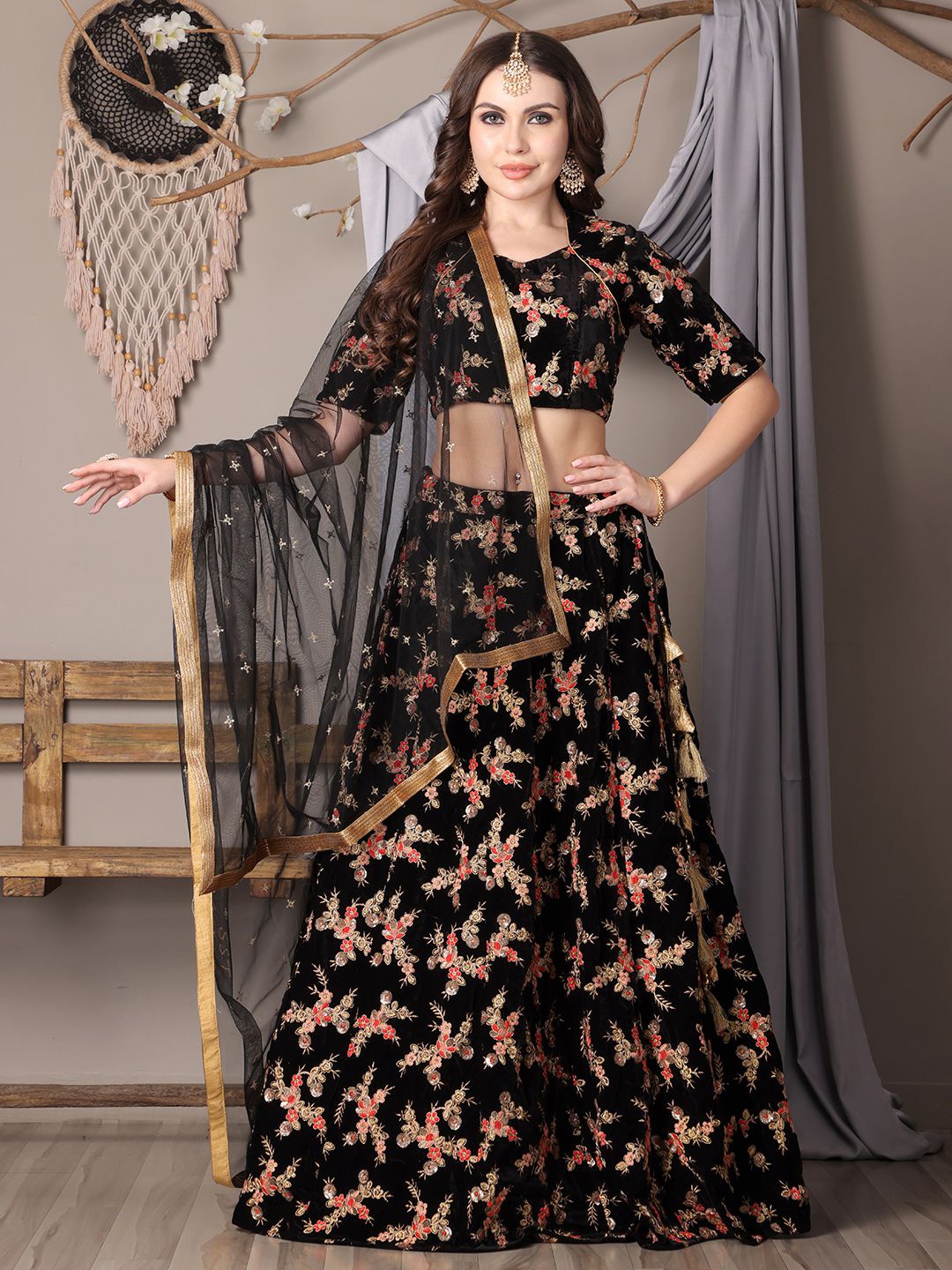 

Ethnovog Floral Embroidered Semi-Stitched Velvet Lehenga & Blouse With Dupatta, Black