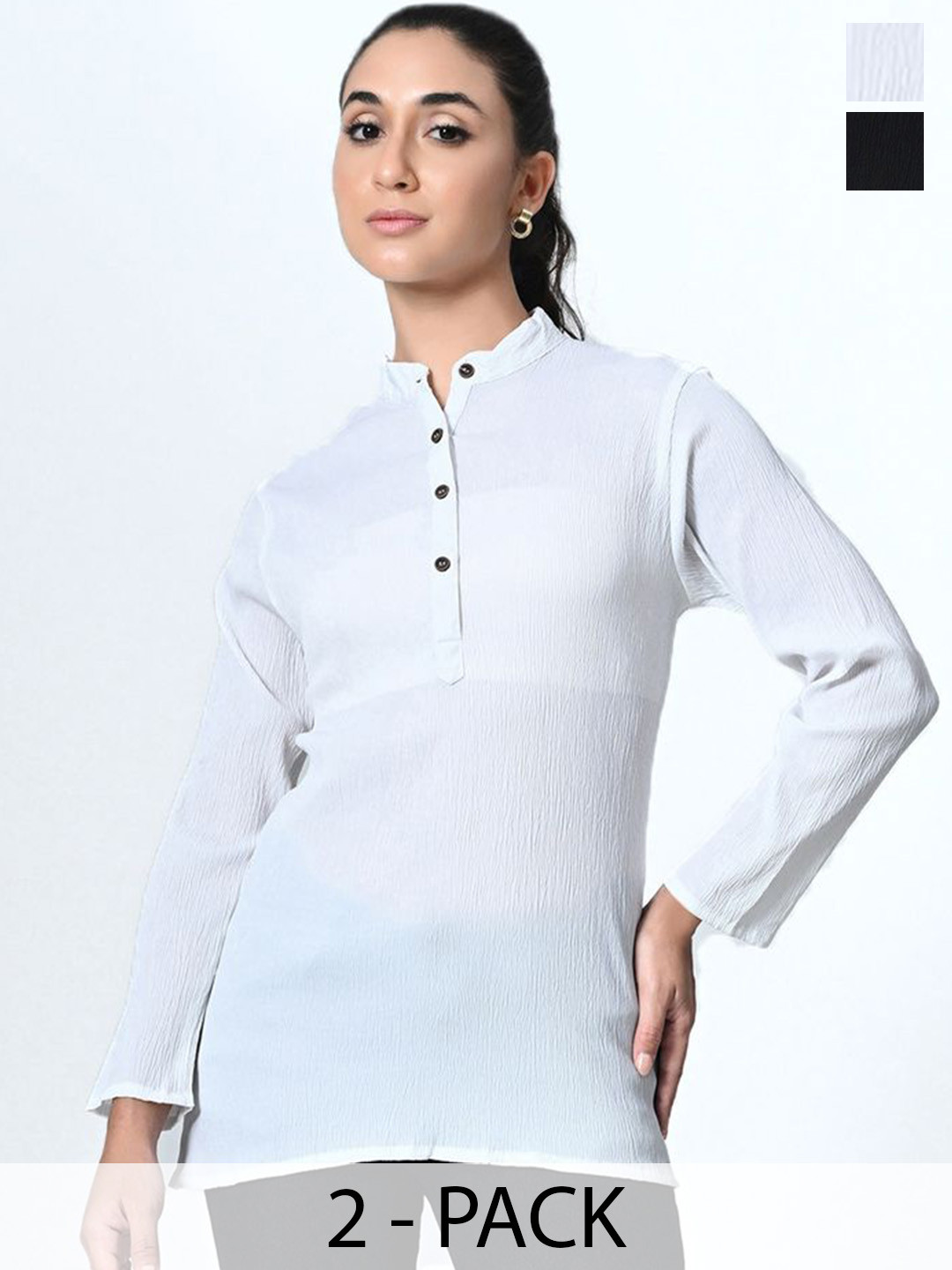 

BAESD Pack Of 2 Self Design Mandarin Collar Crepe Tops, White