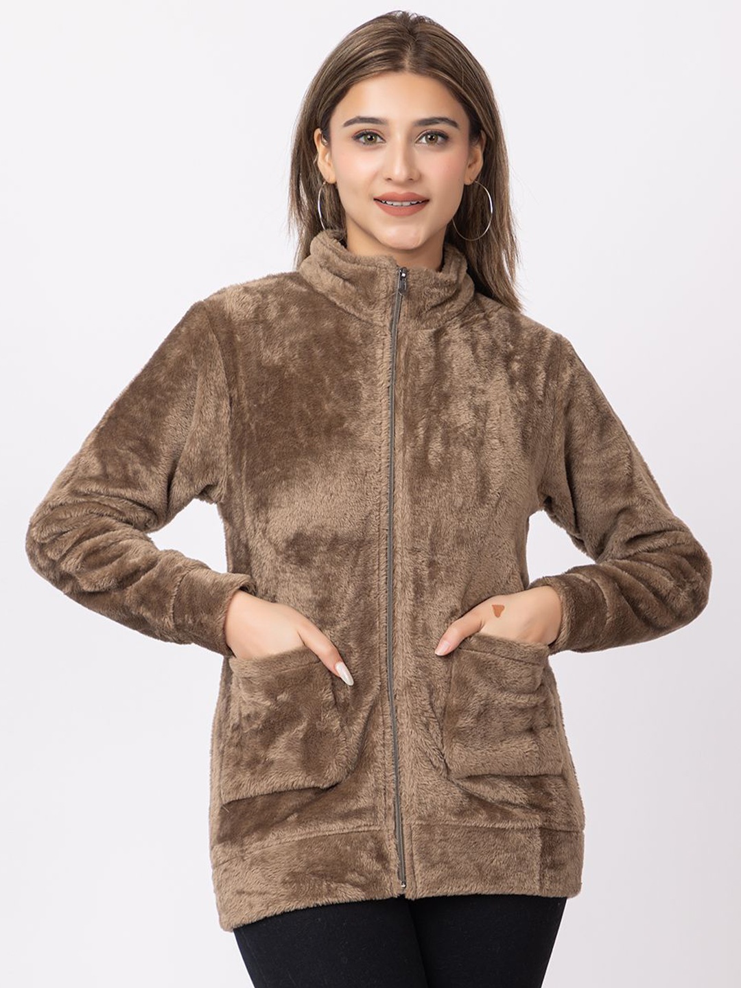 

LO G LO Women Solid Knitted Sweatshirt, Brown