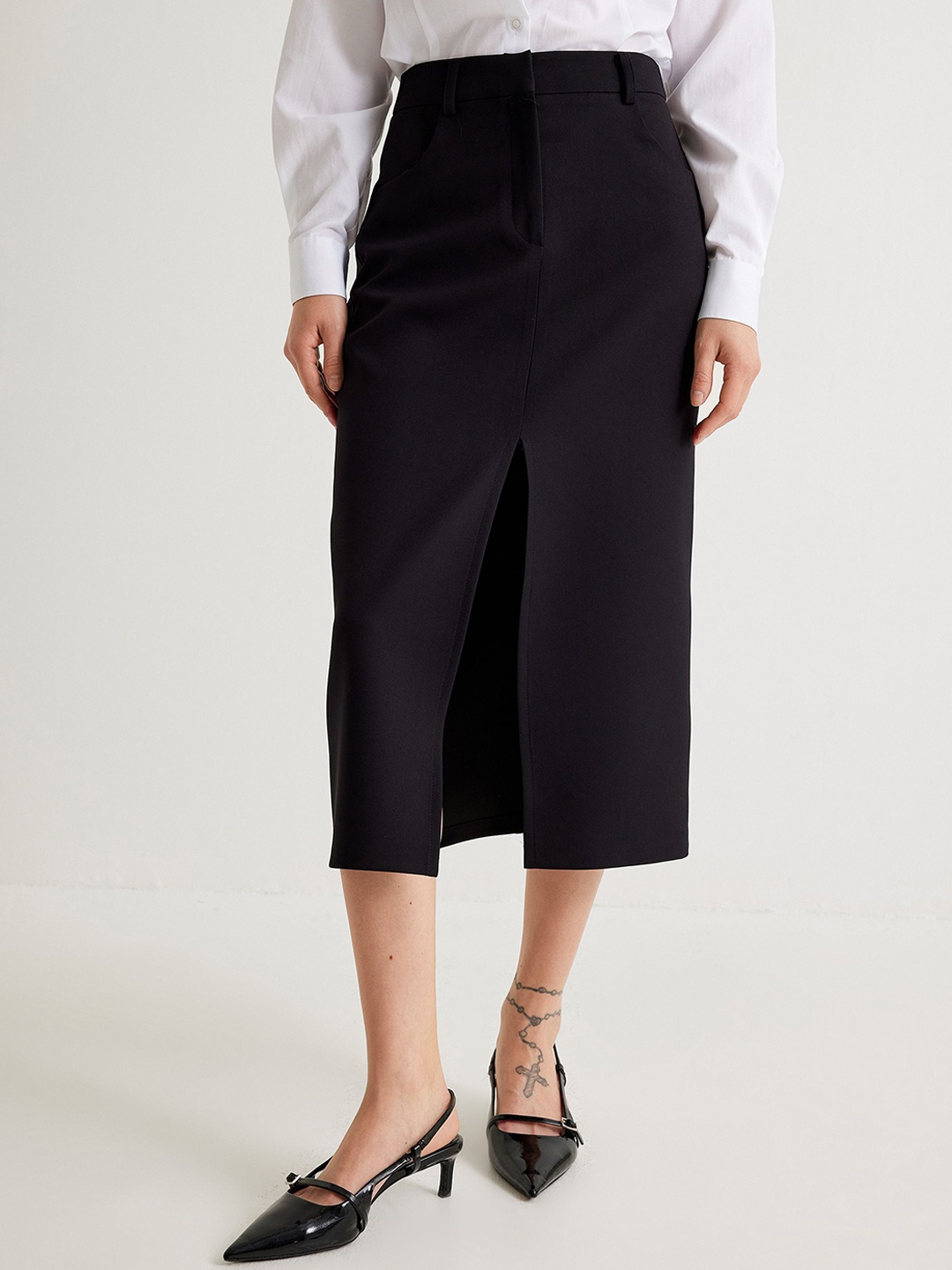 

Koton Straight Front Slit Midi Skirts, Black