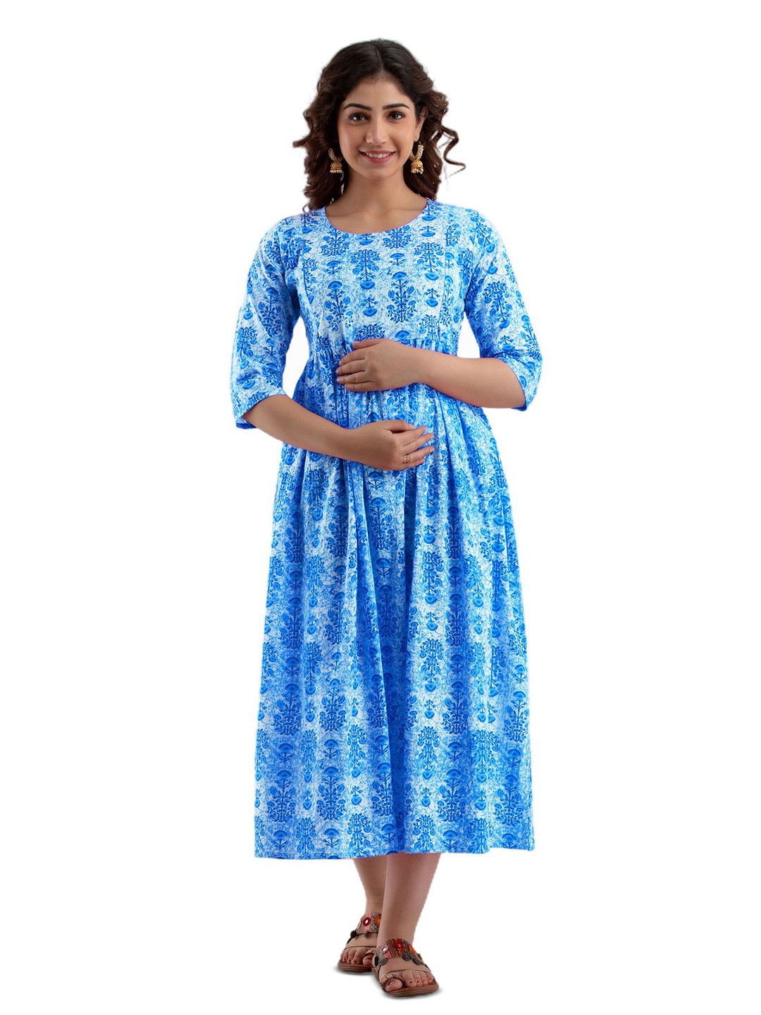 

SHOOLIN Ethnic Motif Fit & Flare Maternity Midi Dress, Blue