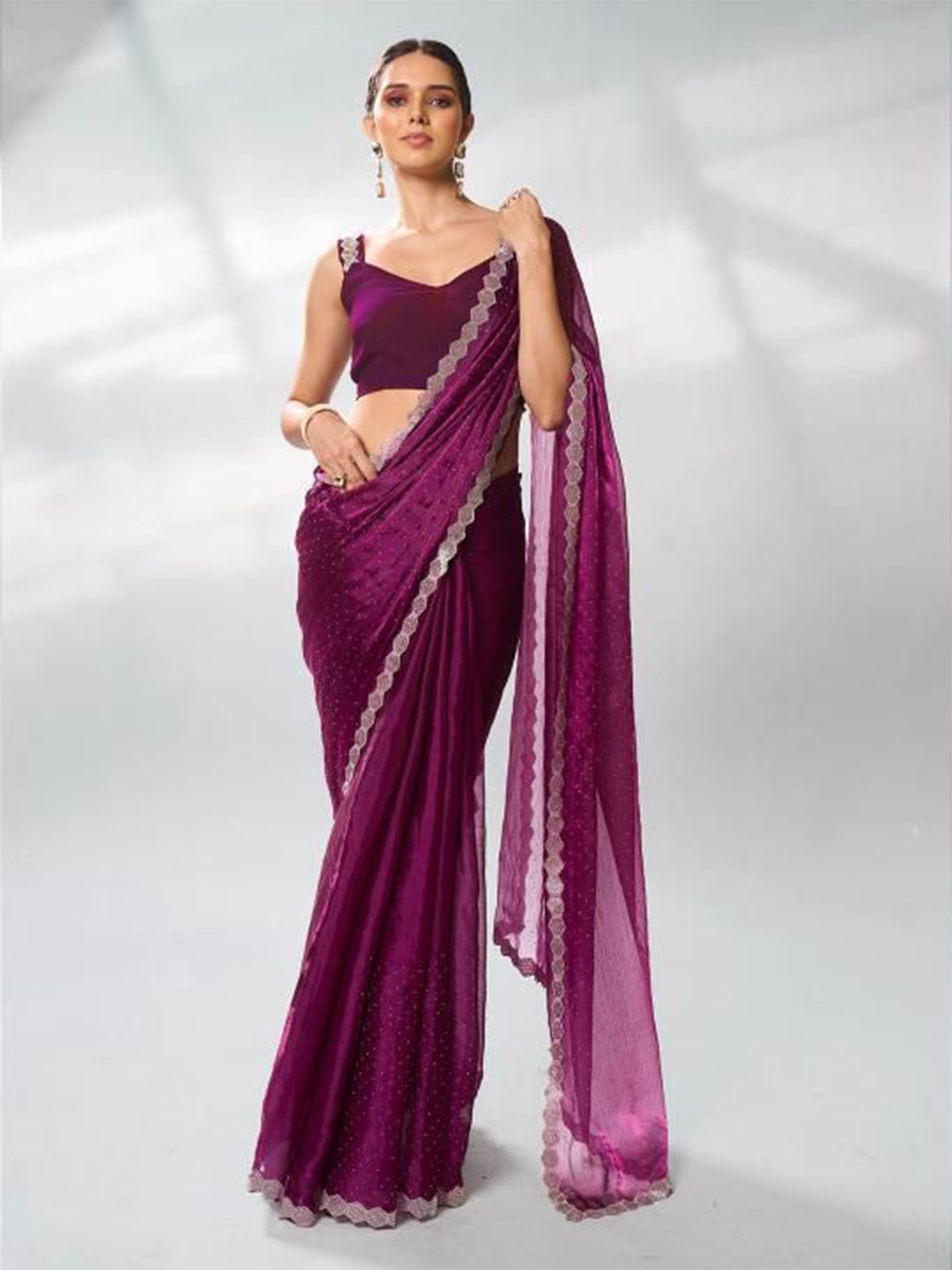 

Kalista Beads and Stones Embellished Organza Saree, Purple