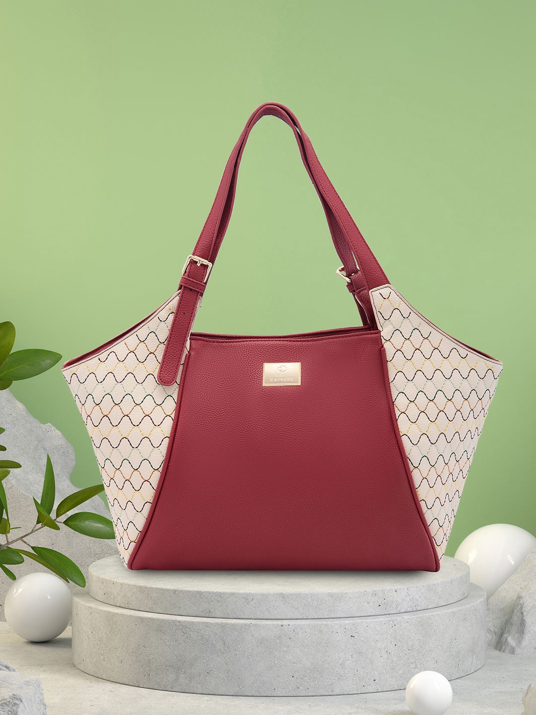 

Caprese Printed PU Oversized Structured Shoulder Bag with Quilted, Maroon