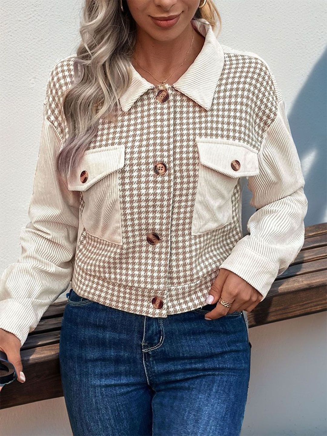 

StyleCast x Revolte Women Checked Oversized Pockets Windcheater Tailored Jacket, Khaki