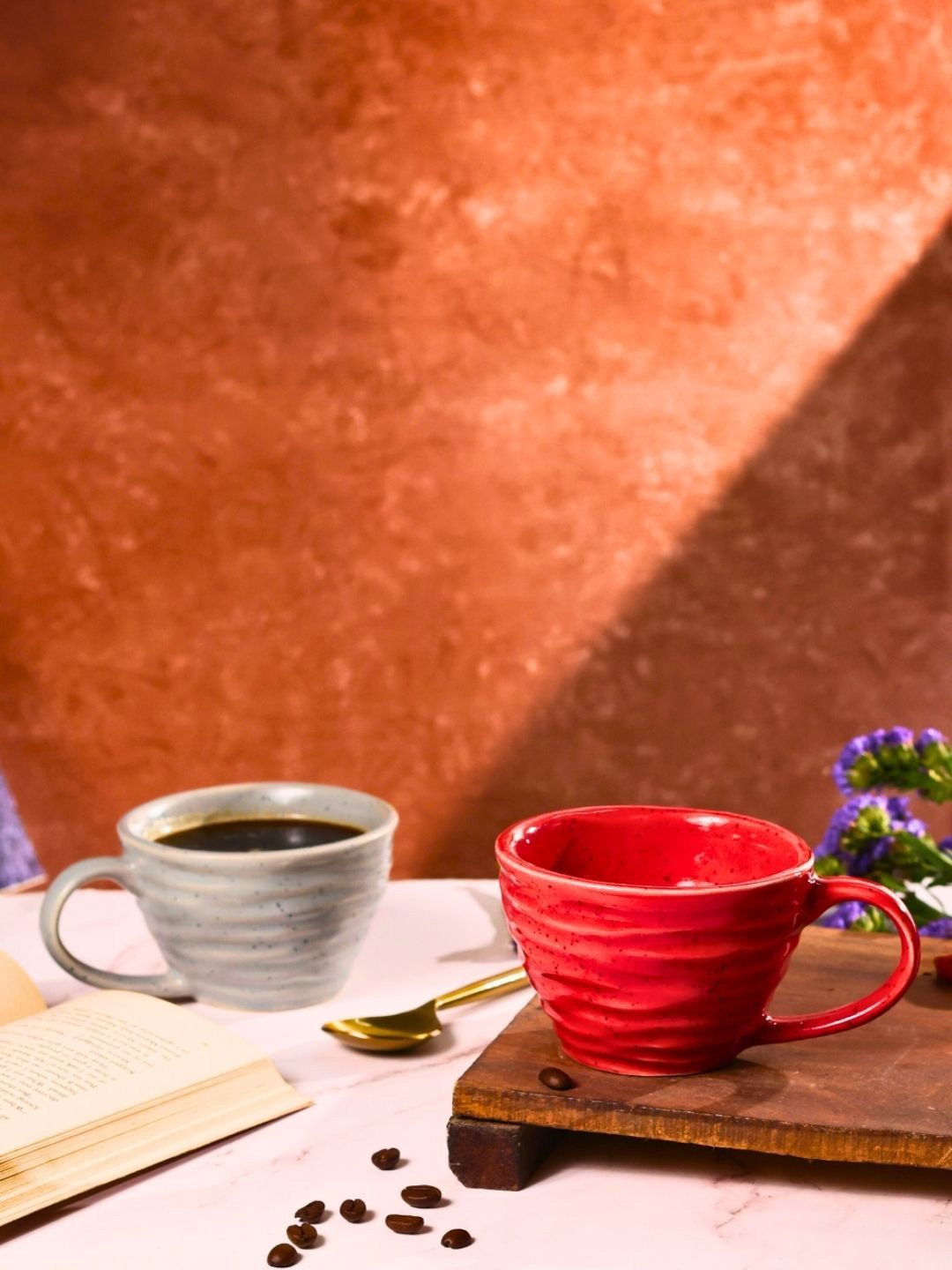 

WEAVING HOMES Twirl Red & Grey 2 Pieces Textured Ceramic Microwave Safe Glossy Mugs 220ml