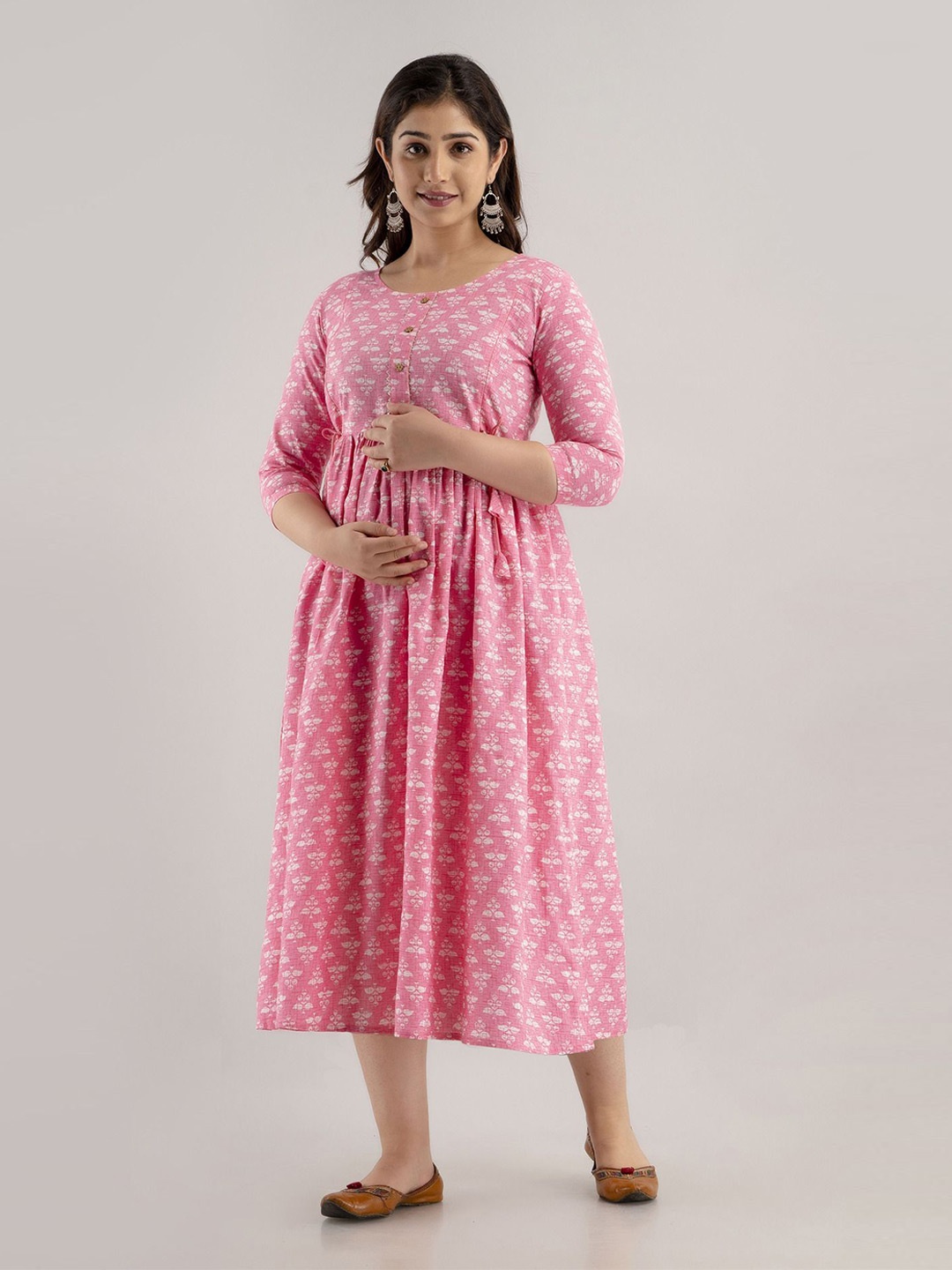 

SHOOLIN Floral Print Fit and Flare Midi Maternity Ethnic Dress, Pink