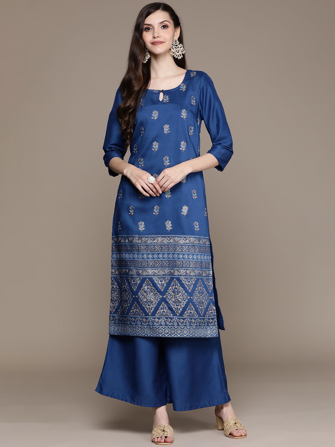 

ZIYAA Ethnic Motifs Printed Keyhole Neck Regular Kurta With Palazzos, Teal