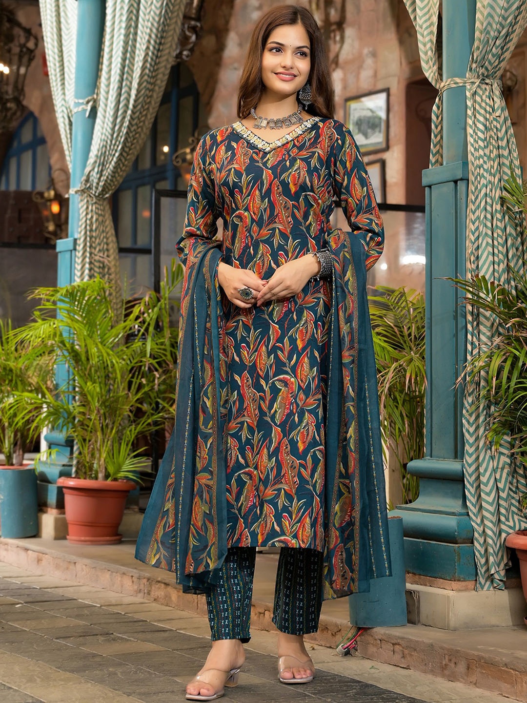 

KALINI Floral Printed V-Neck Thread Work Straight Kurta With Trousers & Dupatta, Blue