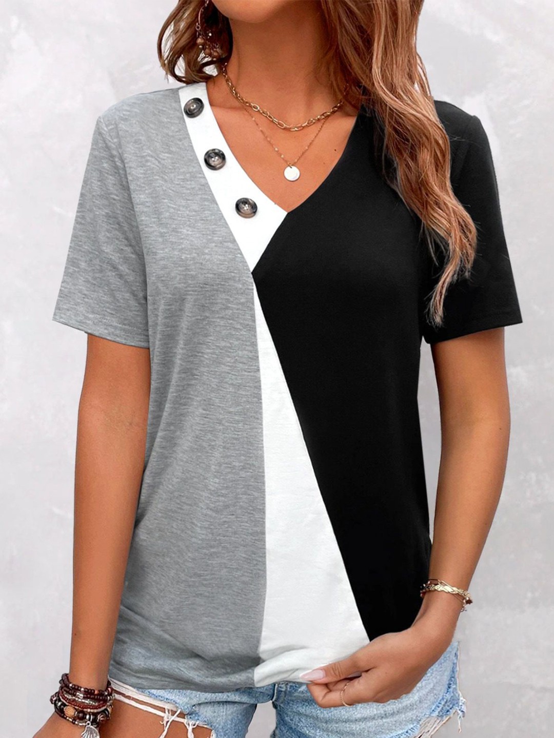 

StyleCast x Revolte Women Colourblocked V-Neck Top, Grey