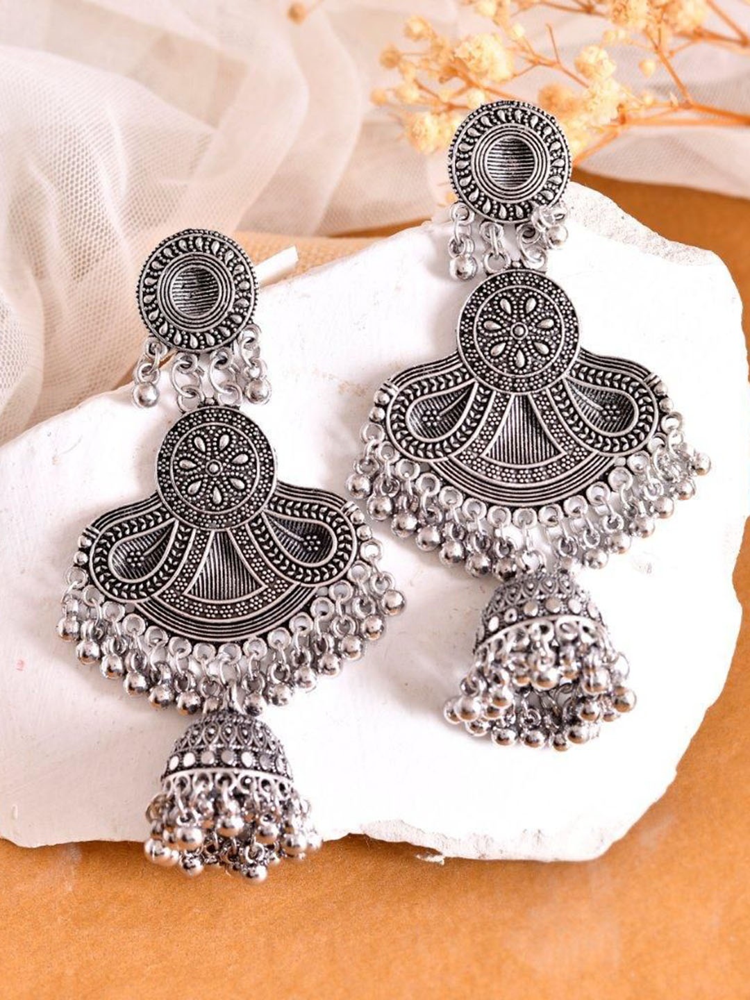 

VOJ Stainless Steel Silver Plated Oxidized Dome Shaped Jhumkas