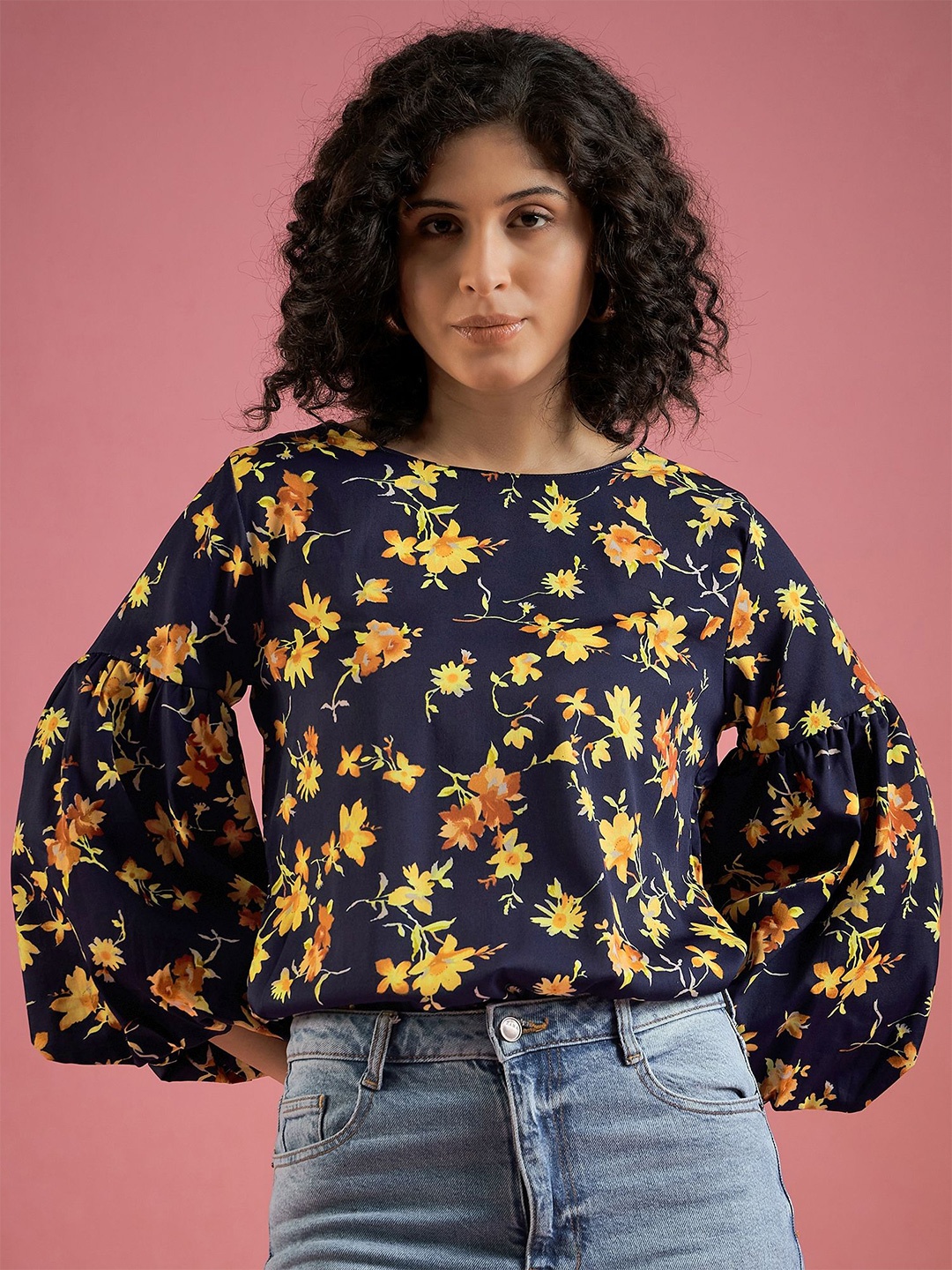 

DressBerry Women Floral Printed Round Neck Polyester Top, Navy blue