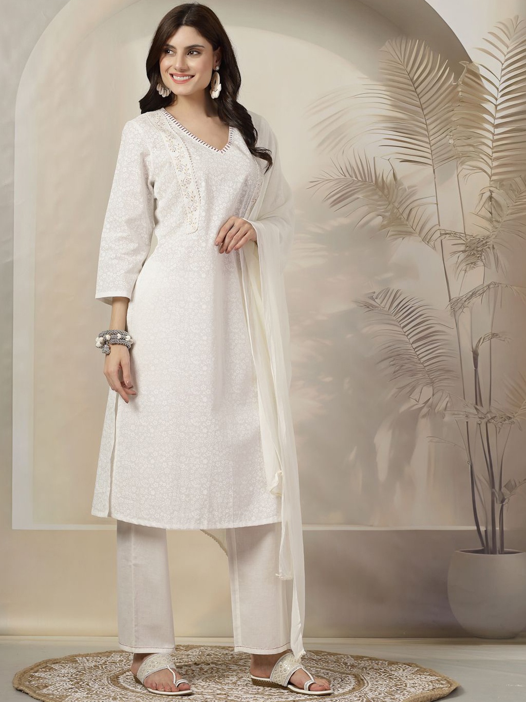 

Nayam By Lakshita Floral Printed Thread Work A-Line Kurta with Palazzos & Dupatta, Off white