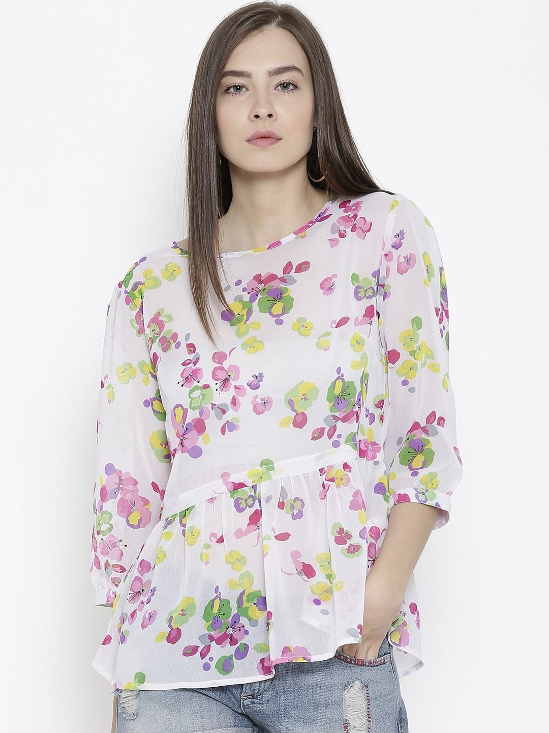 

Sera Women Floral Printed Round Neck Top, White
