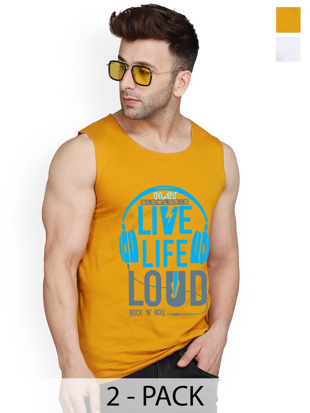 

SLOWLORIS Pack Of 2 Printed Men Gym Vests, Mustard